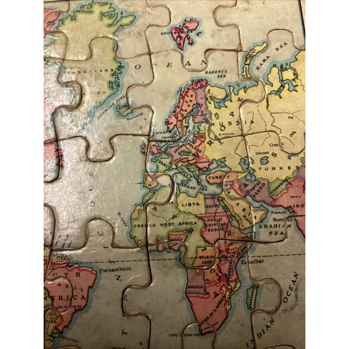 Vintage Wooden Jigsaw Puzzle Of The World On Mercator’s Projection - 35 Pieces