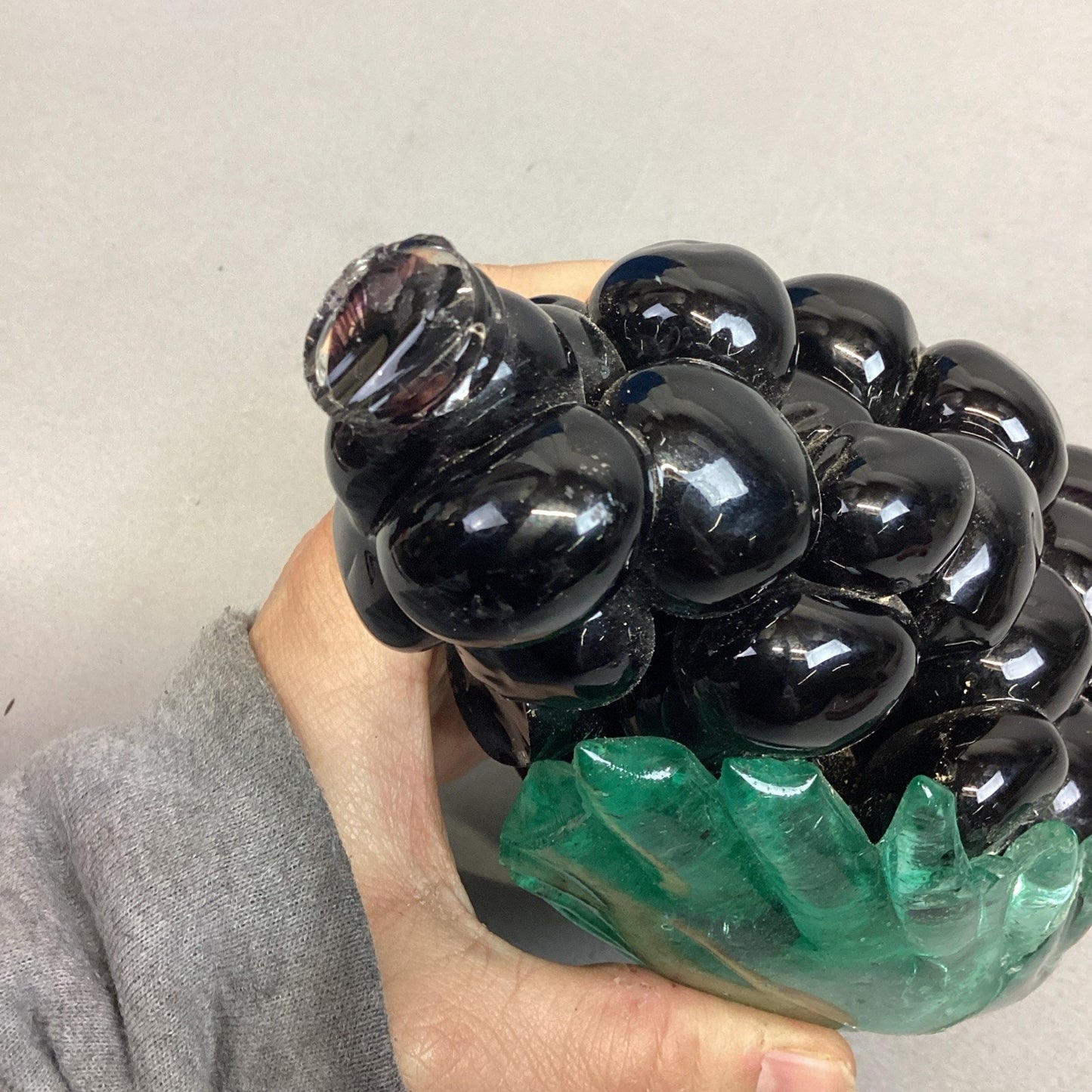 Hand Blown Glass Purple Grapes & Emerald Green Stem & Leaf Paper Weight - 7.25”L