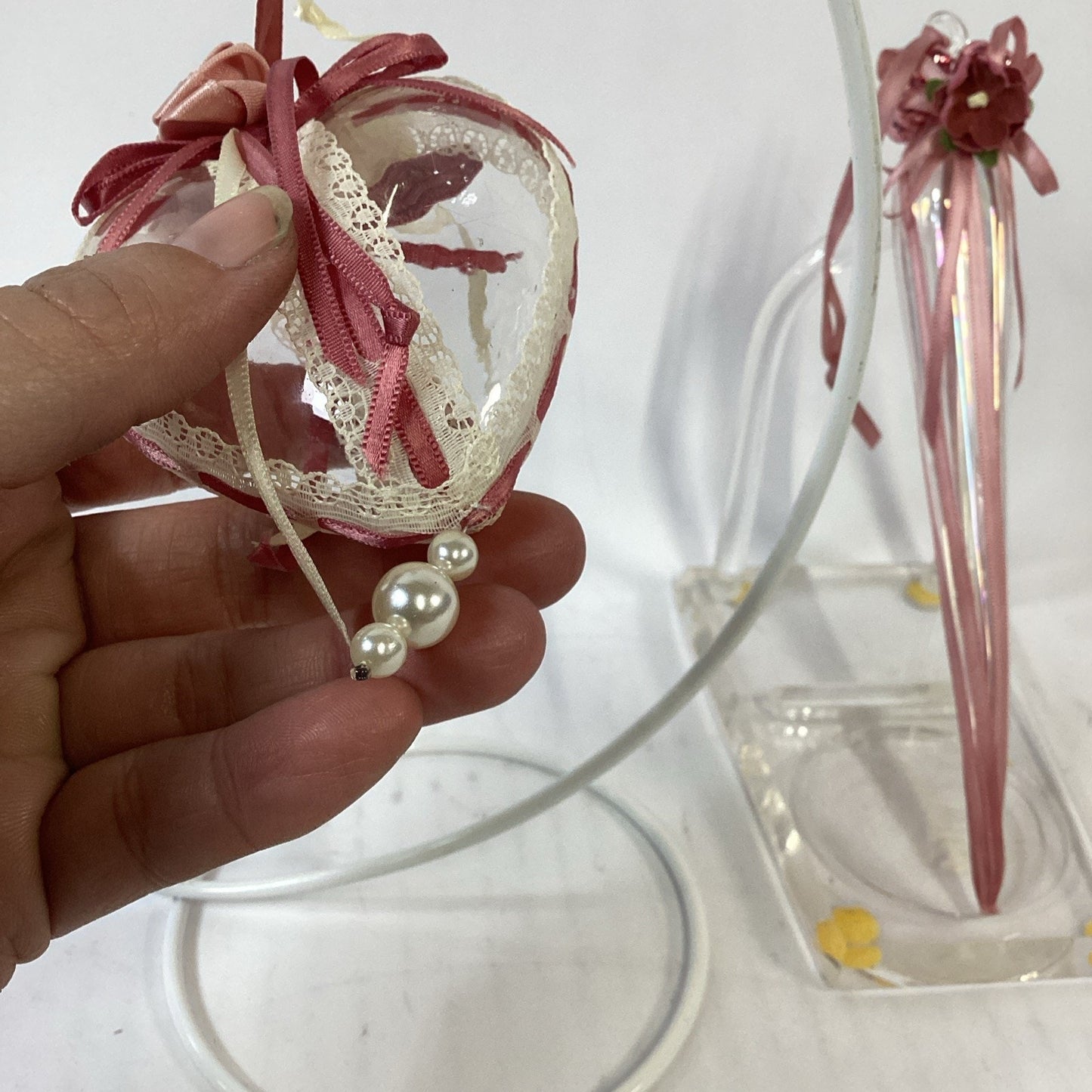 Lot of 2 Glass Christmas Ornaments - Heart With Roses And Icicle With Flower