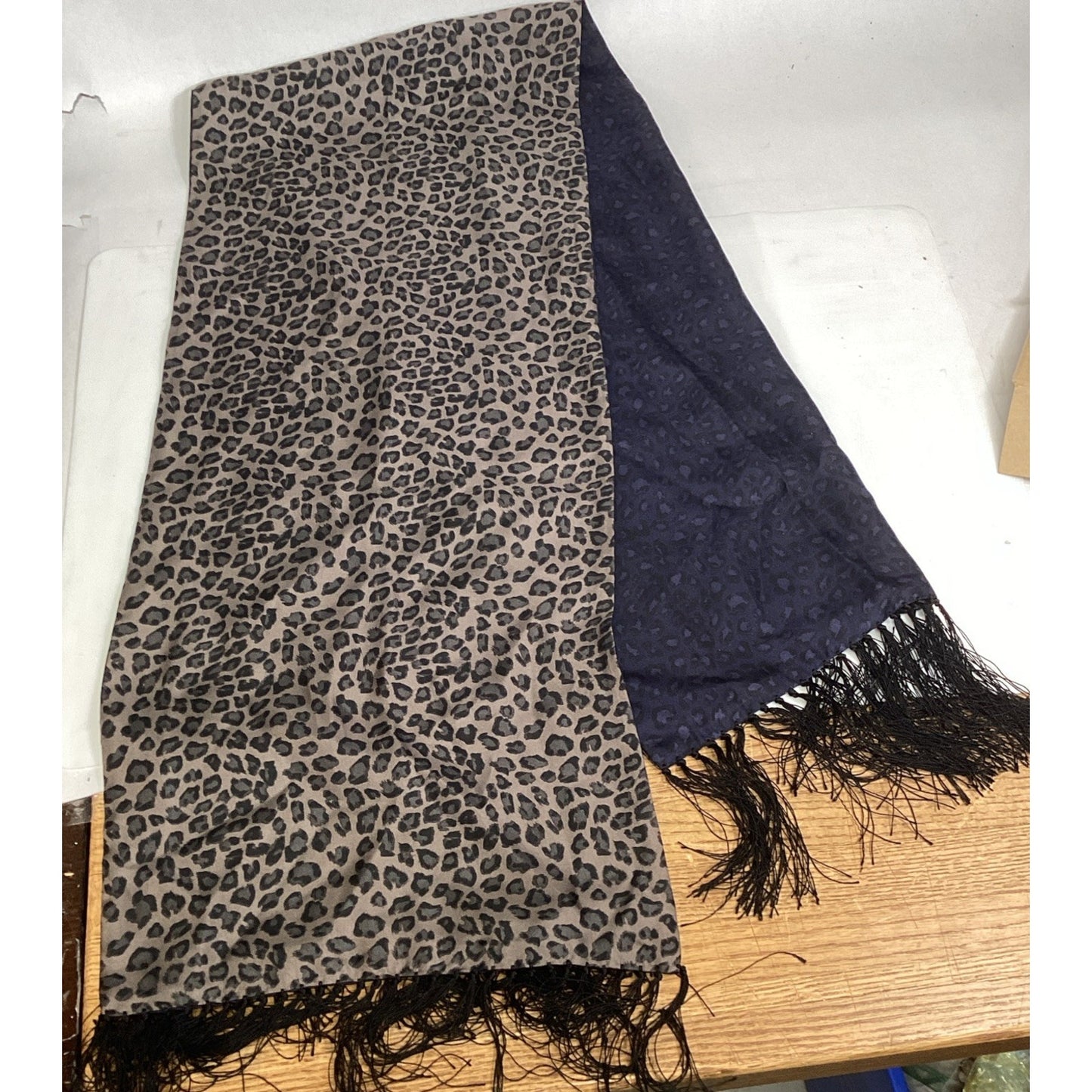 Reversible Leopard Print Scarf With Black Fringe - 50”L