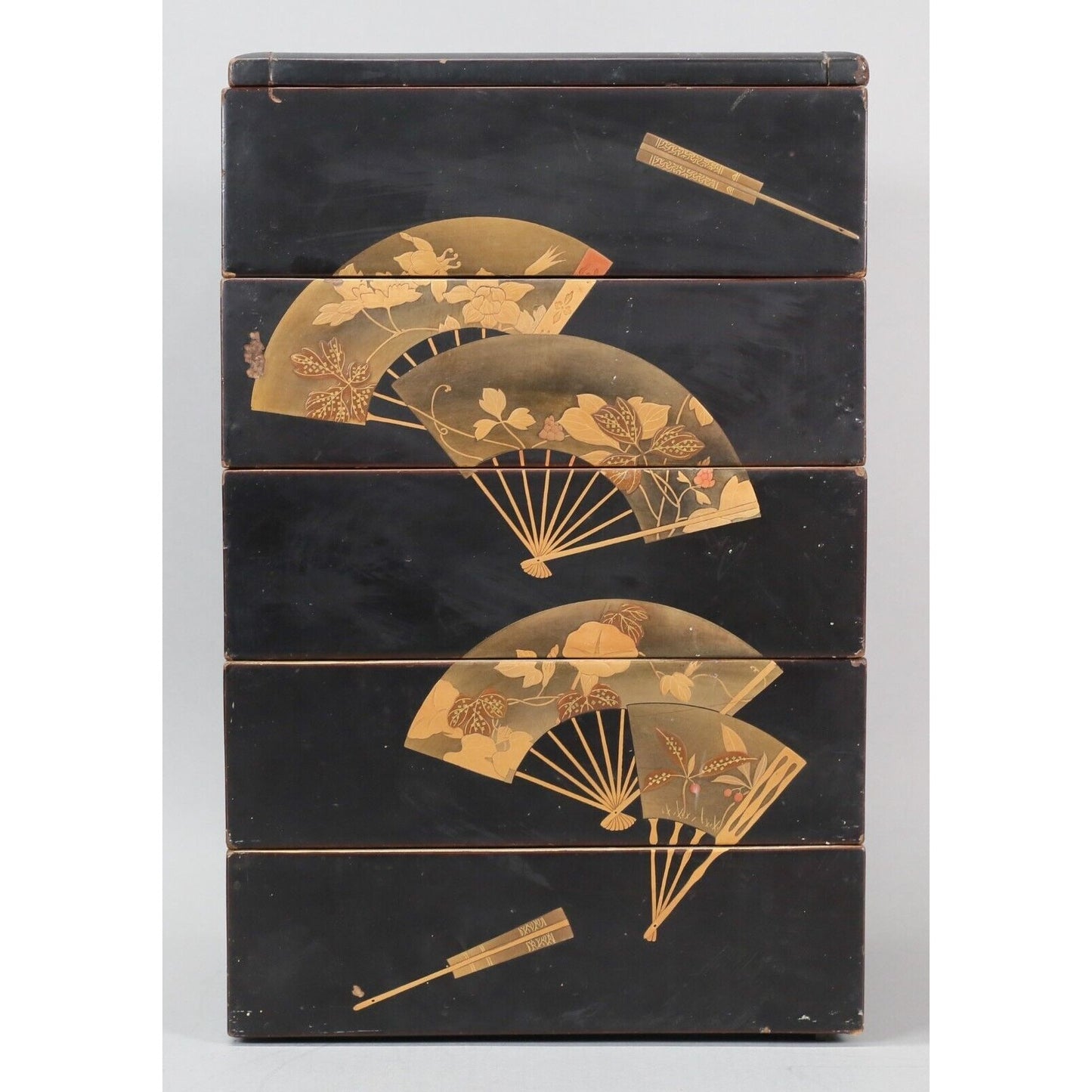 Japanese Meiji Style Lacquer Jubako Fan Motif