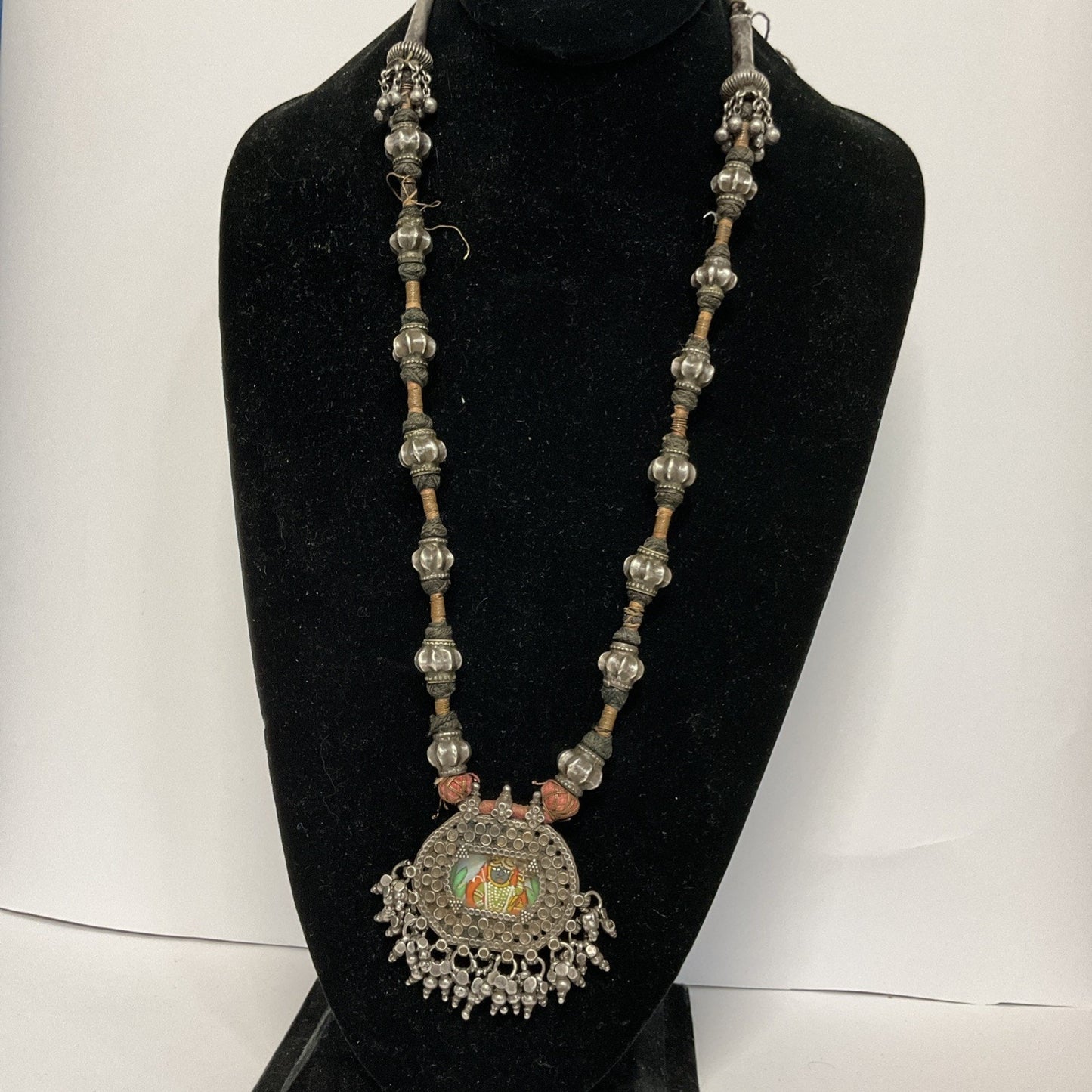 Mid Century Rajasthani Necklace Hand Painted Pendant With Silver Casing