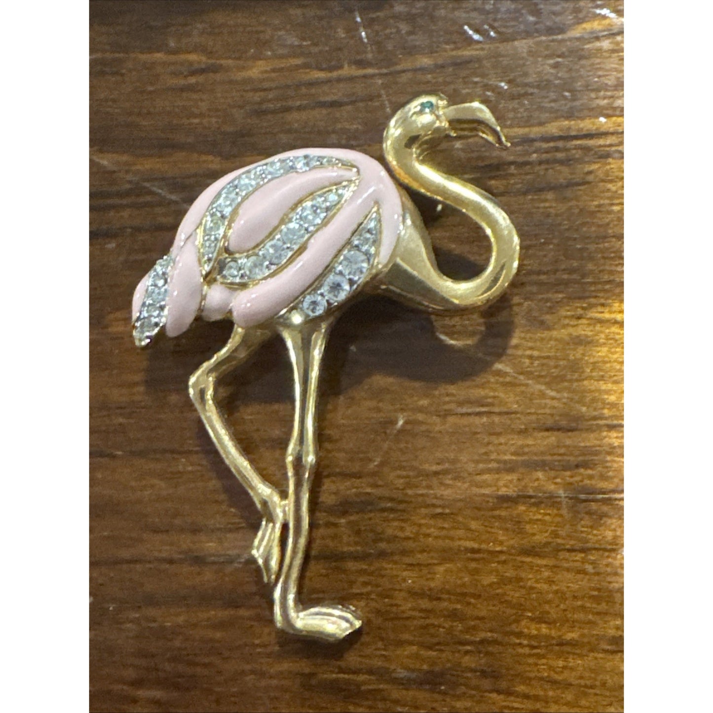 Vintage Flamingo Bird Pin Brooch Pink Enamel Gold Tone Figural Jewelry Green Eye