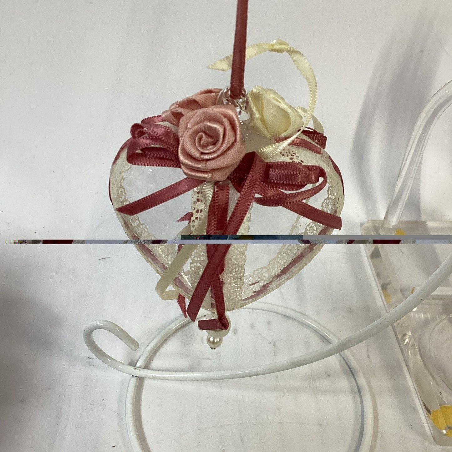Lot of 2 Glass Christmas Ornaments - Heart With Roses And Icicle With Flower