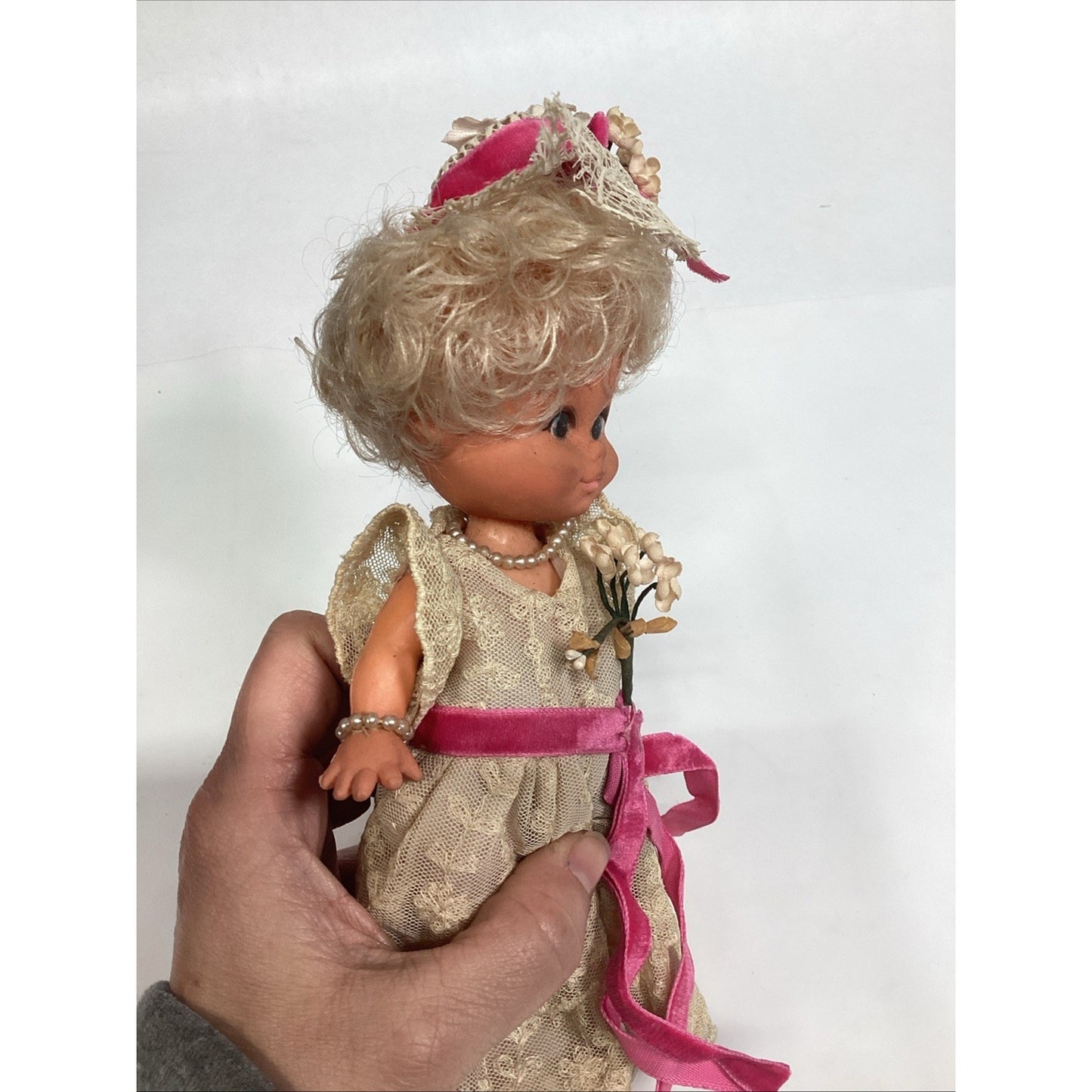 Vintage 1970’s Victorian Southern Belle W/ Lace Gown & Bonnet Made In Hong Kong