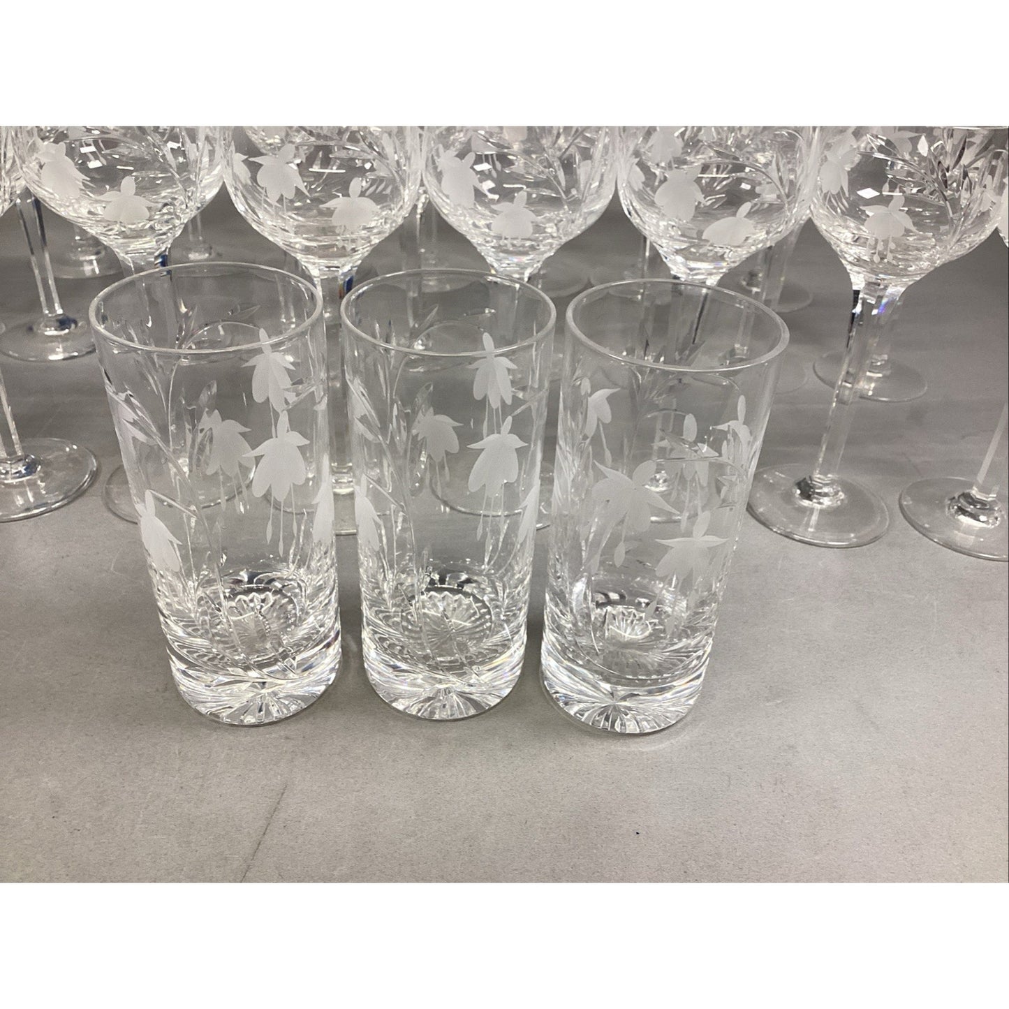 27 Glass Champagne, Red & White Wine Glasses & Water Glasses w/ Frosted Flowers