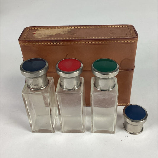 Antique Enamel Guilloche Men’s Travel Cologne (Empty) Bottles W/ Leather Case