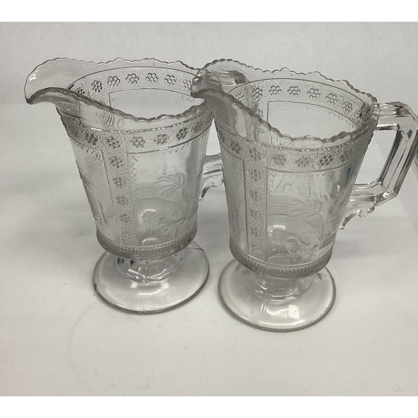 2 Antique Victorian 1880s Adams & Co. EAPG “Egyptian” Pattern Glass Pitcher – 6”