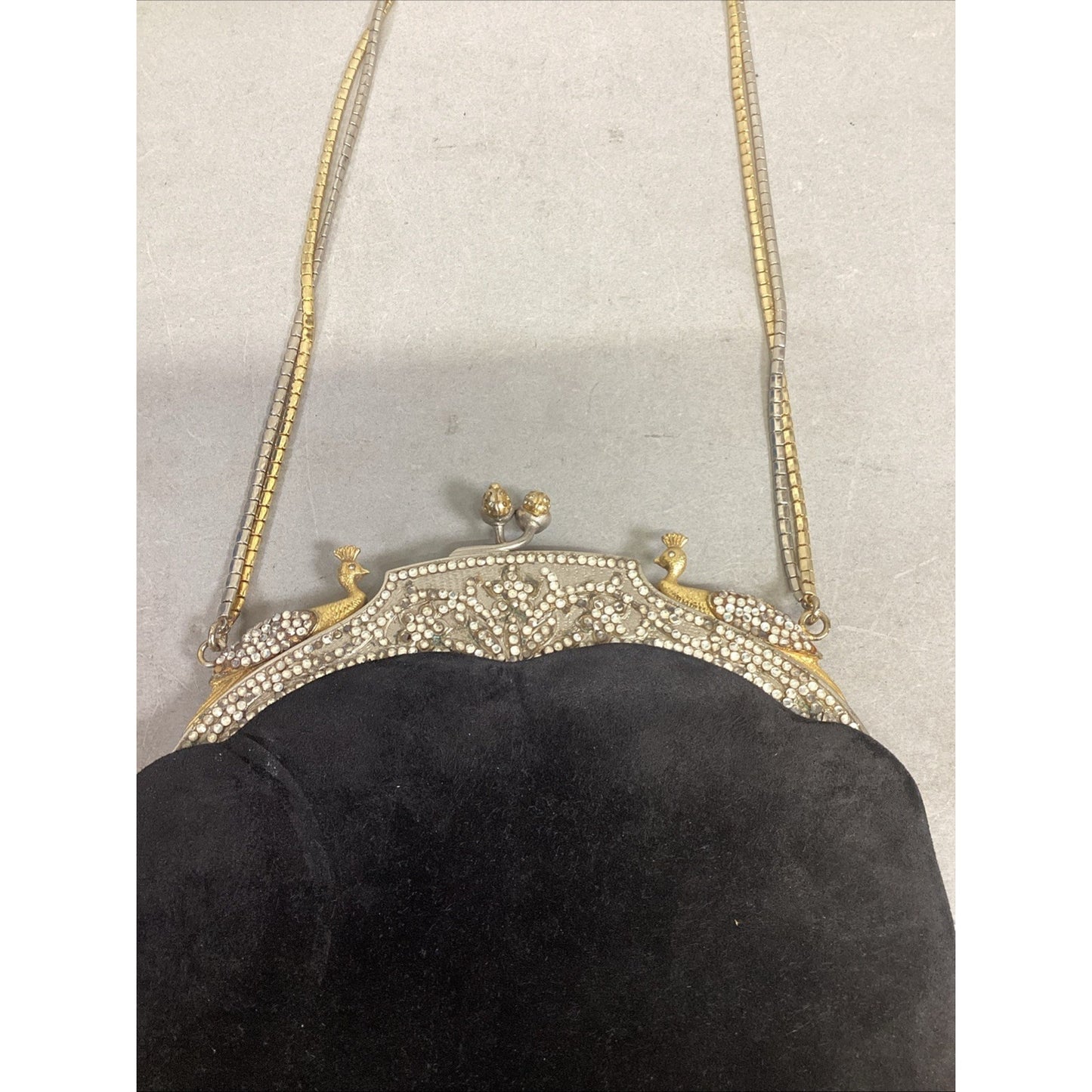Vintage Rare Judith Lieberman Suede Purse W/ Mirror & Gold & Silver Handle Strap