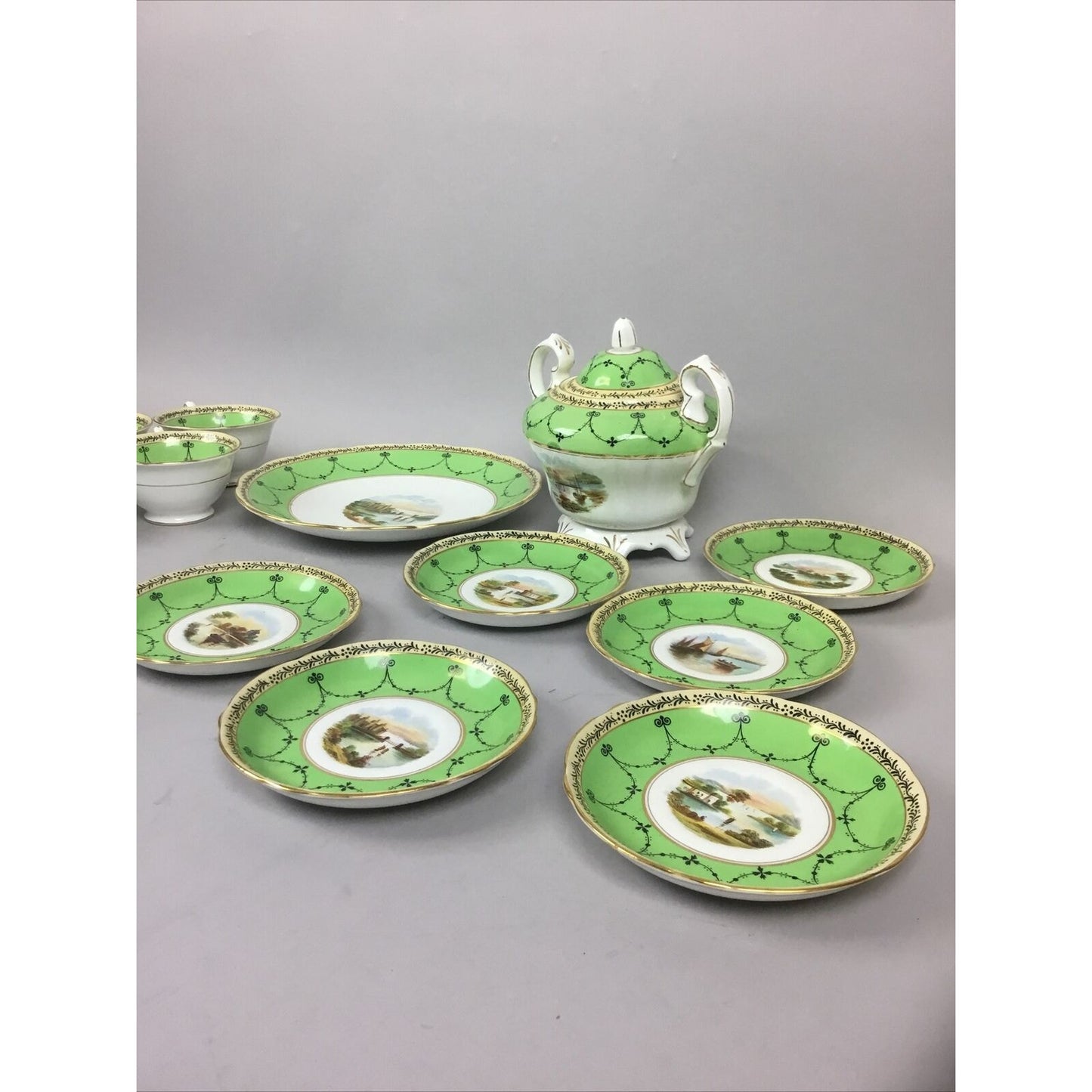 Grosvenor Ye Old Cups, Plates, Saucers green. Jackson and Gosling Co. Set of 15.