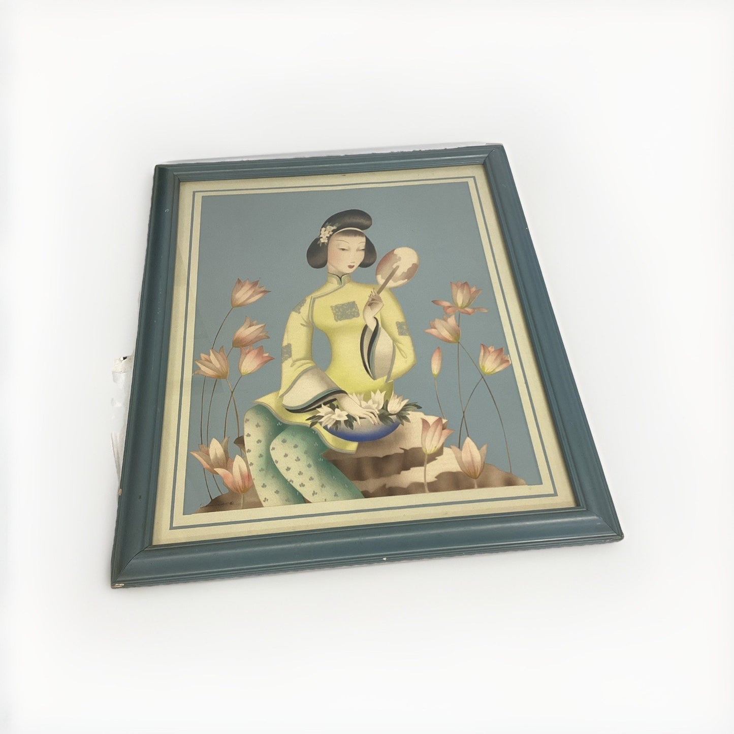 Vintage Framed Lithograph of a Sitting Asian Woman Among Lotus Flowers 24.5x20”