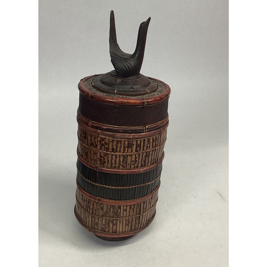 Indonesian / Balinese Handcrafted Carved Bamboo Crane Container With Lid - 12”H