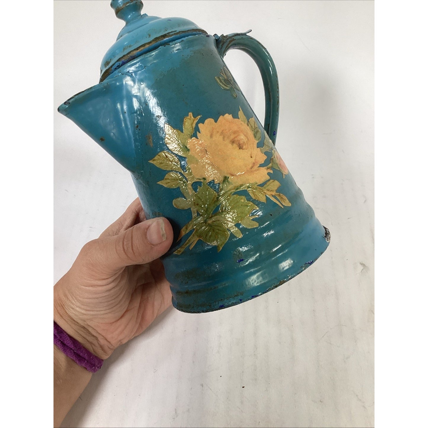 Antique French Or Belgian Floral Enamelware Coffee Pot