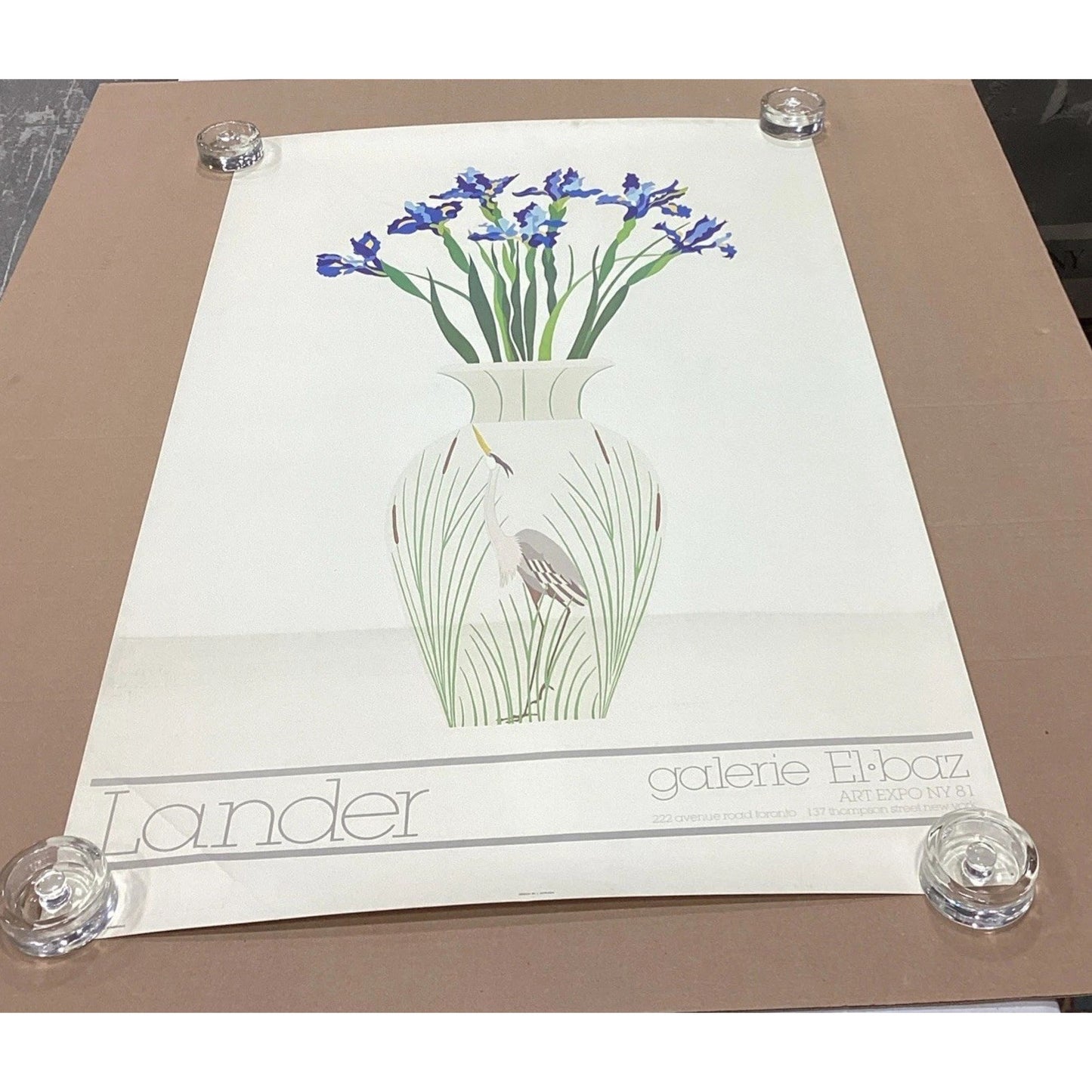 Galerie El Baz Lander - Blue Floral Vase W/ Egret Poster - 39.5x27.25” - 1981