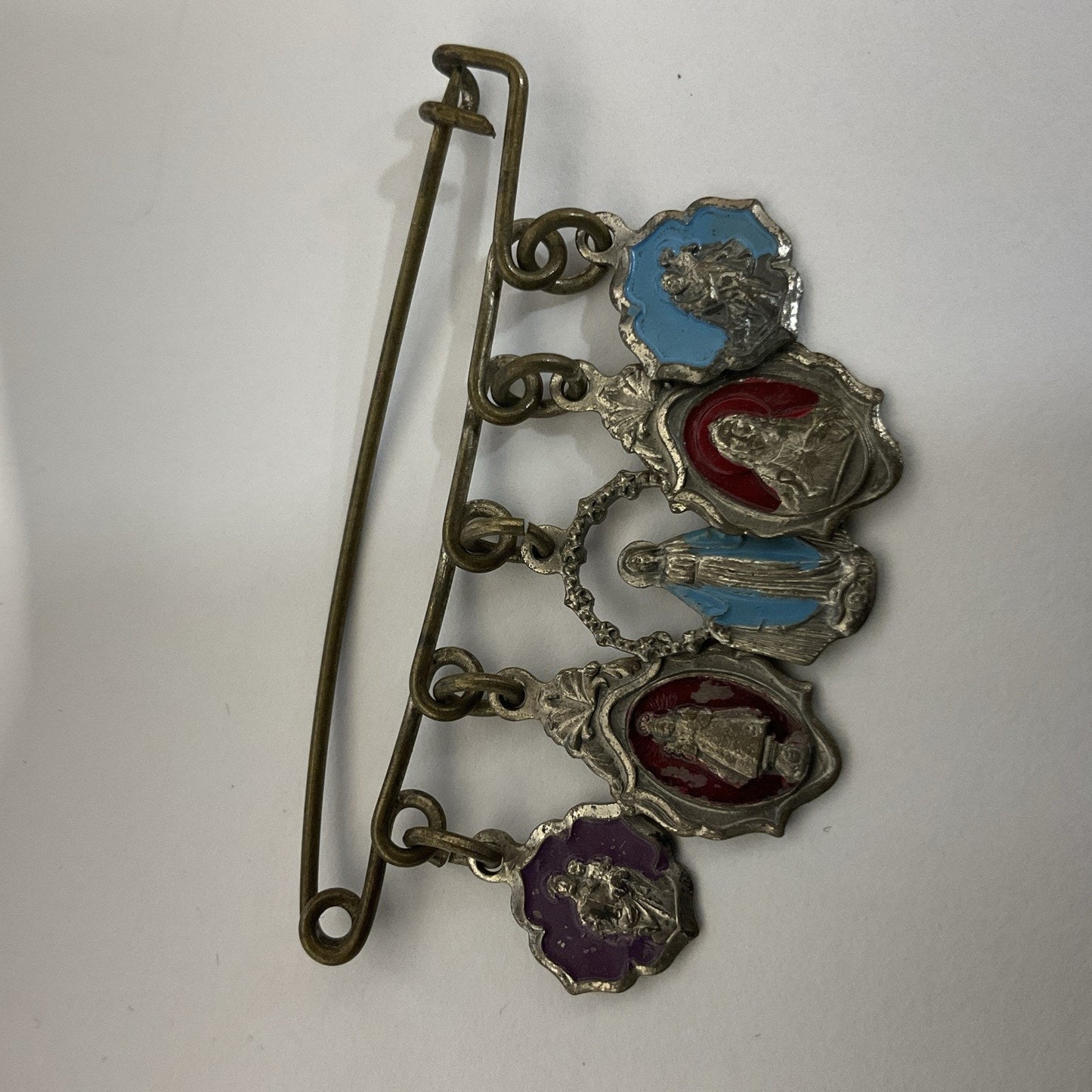 Miraculous Virgin Mary enamel medal on pin