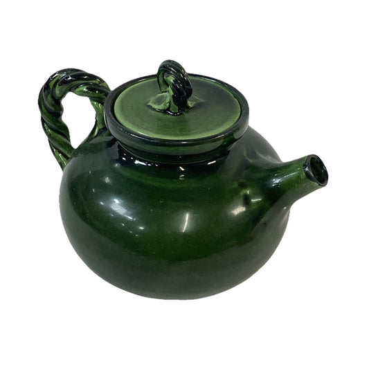 Hand Painted Dark Green Pottery Teapot With Lid