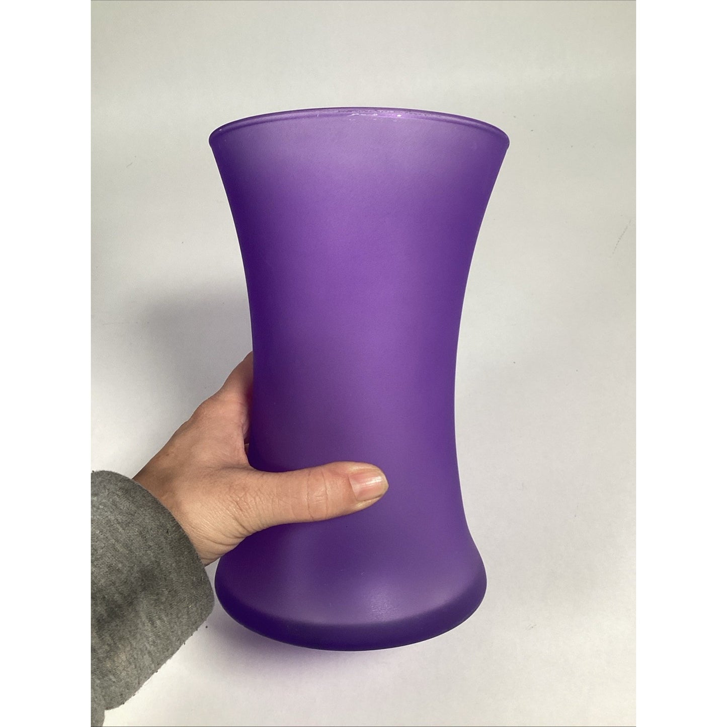 Large Smooth Hourglass Lavender Purple Frosted Glass Vase 8” Tall