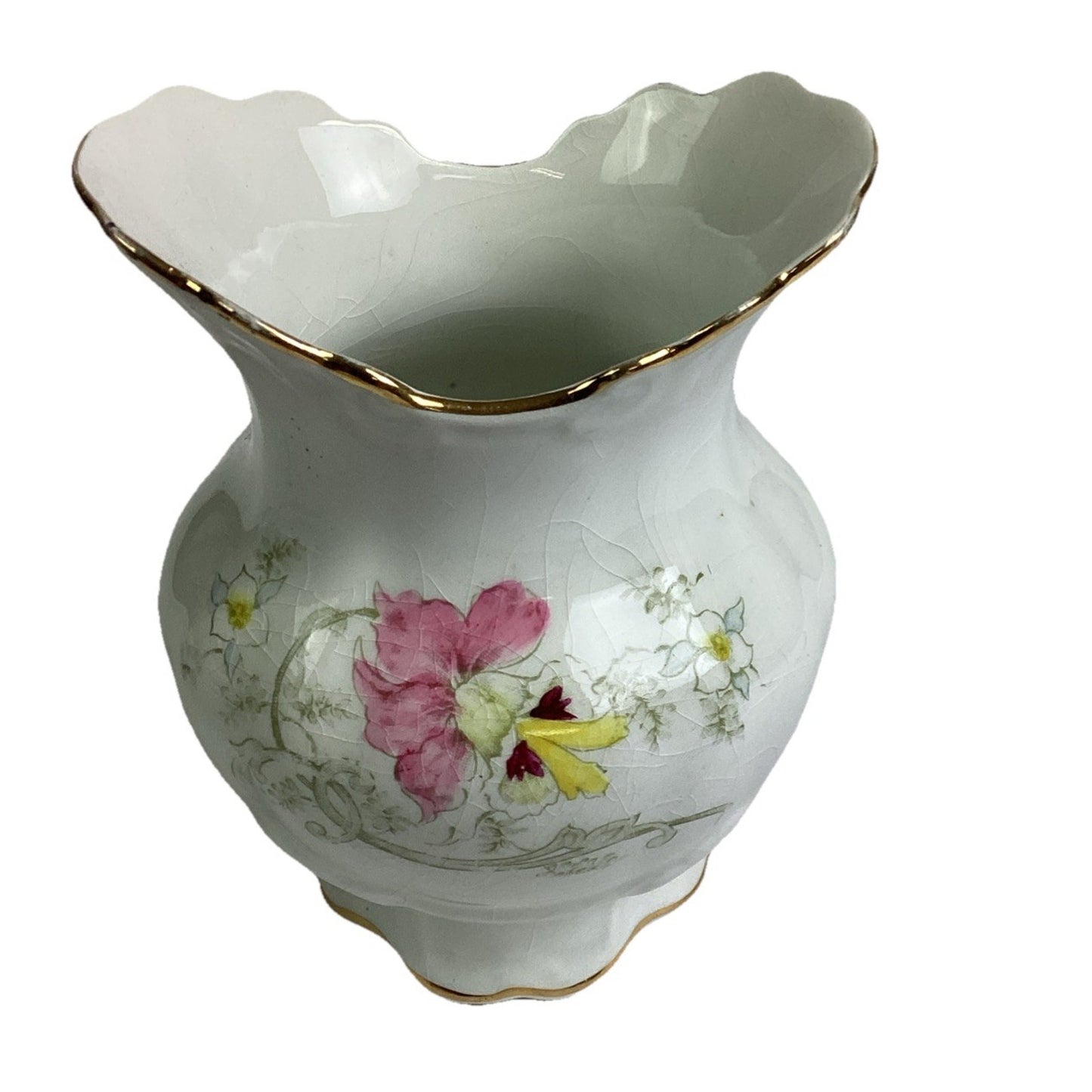 Vintage Homer Laughlin Floral Crackled Ceramic Porcelain Vase W/ Gold Trim