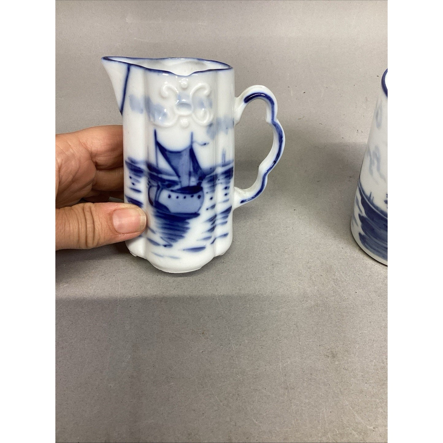 Antique Flow Blue Delft Style White Milk Jug Sailboat, Windmill Cup & Lidded Jar