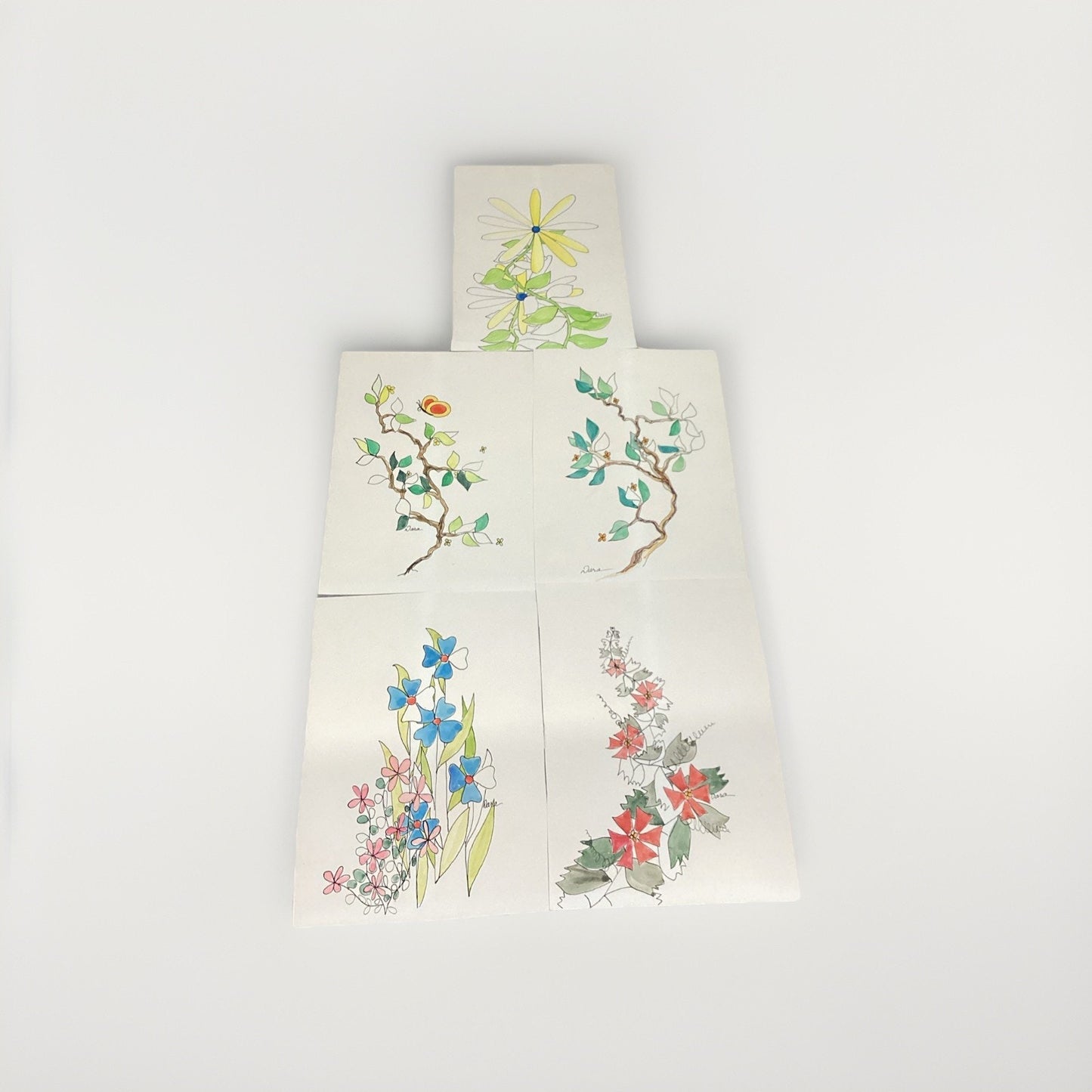 Set Of 5 Floral Art Drawings - Signed By Dara - 10x7”