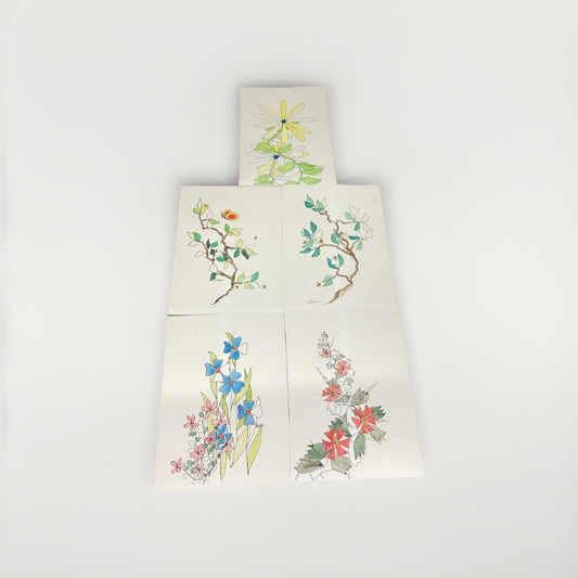 Set Of 5 Floral Art Drawings - Signed By Dara - 10x7”