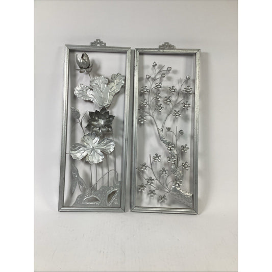 Vintage MCM Framed Wall Plaques/Decor 3D Flowers Silver/Gold - 20x8”