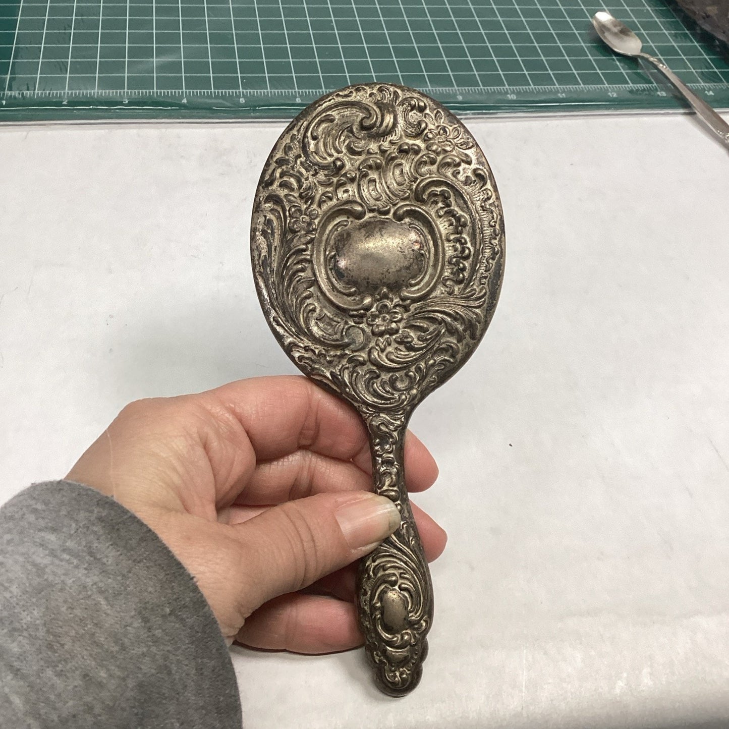 Antique Silver Plated Ornate Mirror - 6.5”L