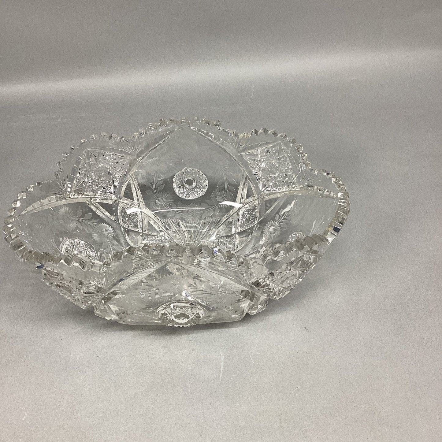 Vintage Heavy Cut Glass Bowl With Sawtooth Edges - Floral & Sunburst - 11x7”