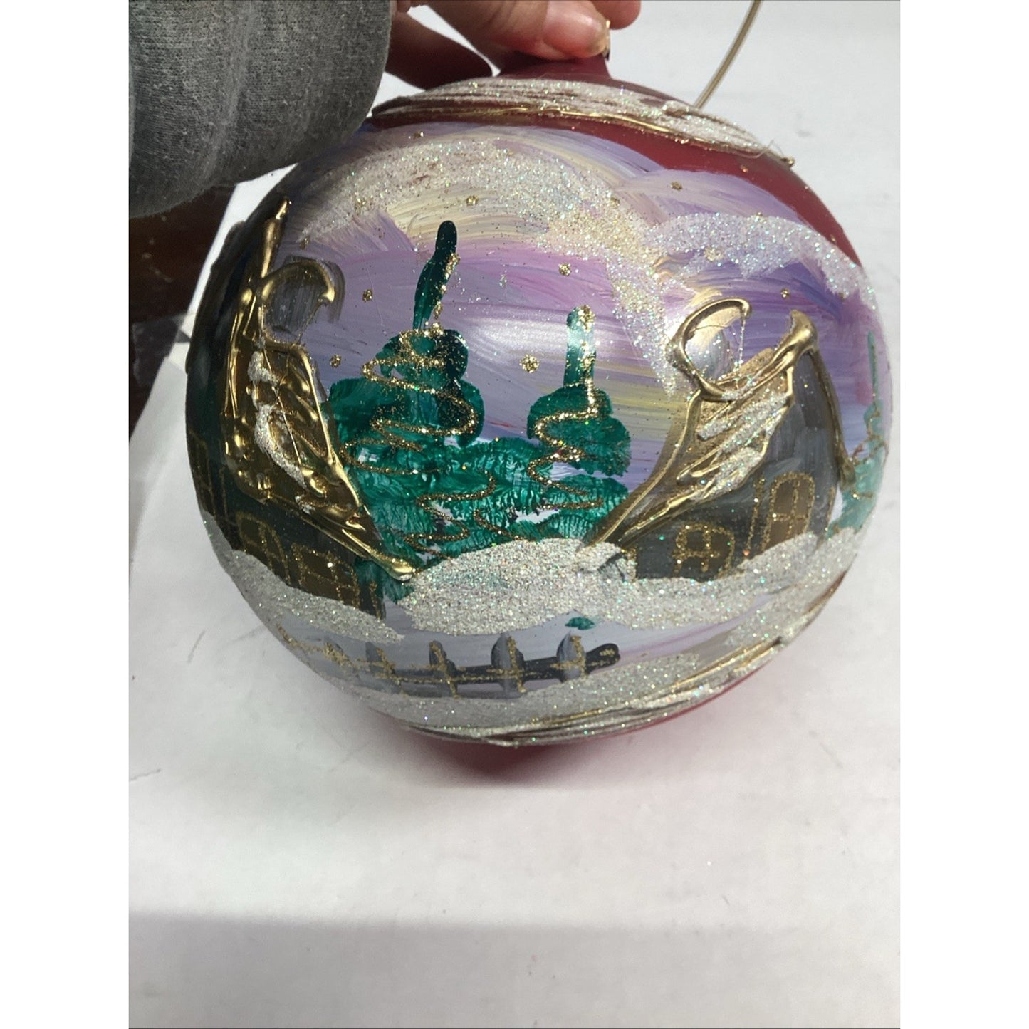 Hand Painted Large Glass Christmas Ball Ornament - Houses And Trees - Glitter -