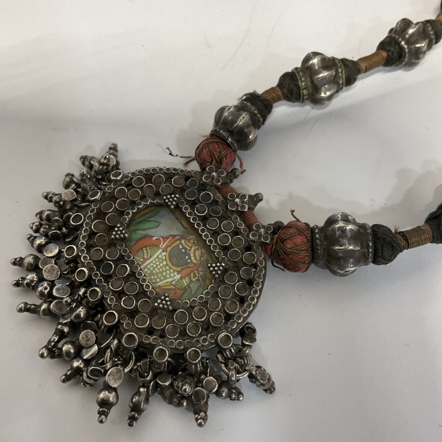 Mid Century Rajasthani Necklace Hand Painted Pendant With Silver Casing