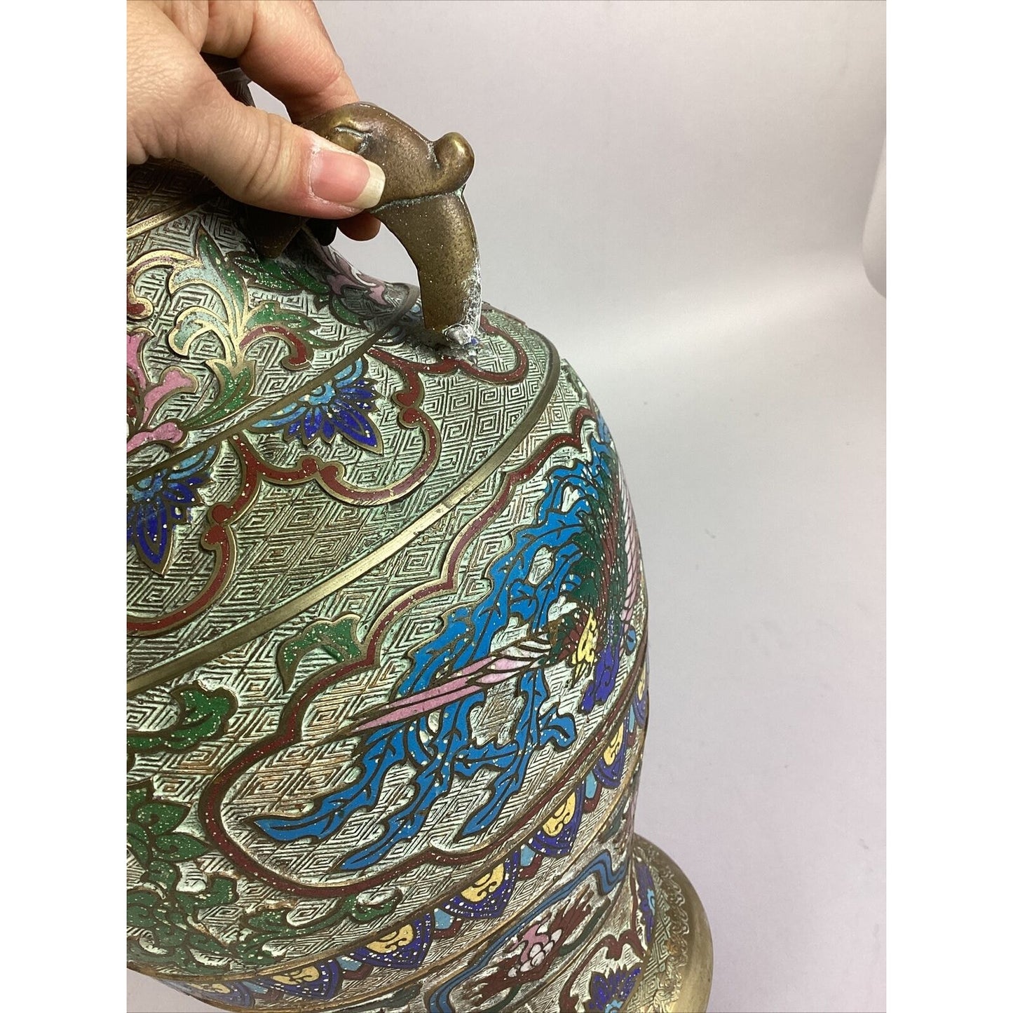 Large Vintage Japanese Champleve Bronze Cloisonne Doubled Handed Vase/ Urn - 14”