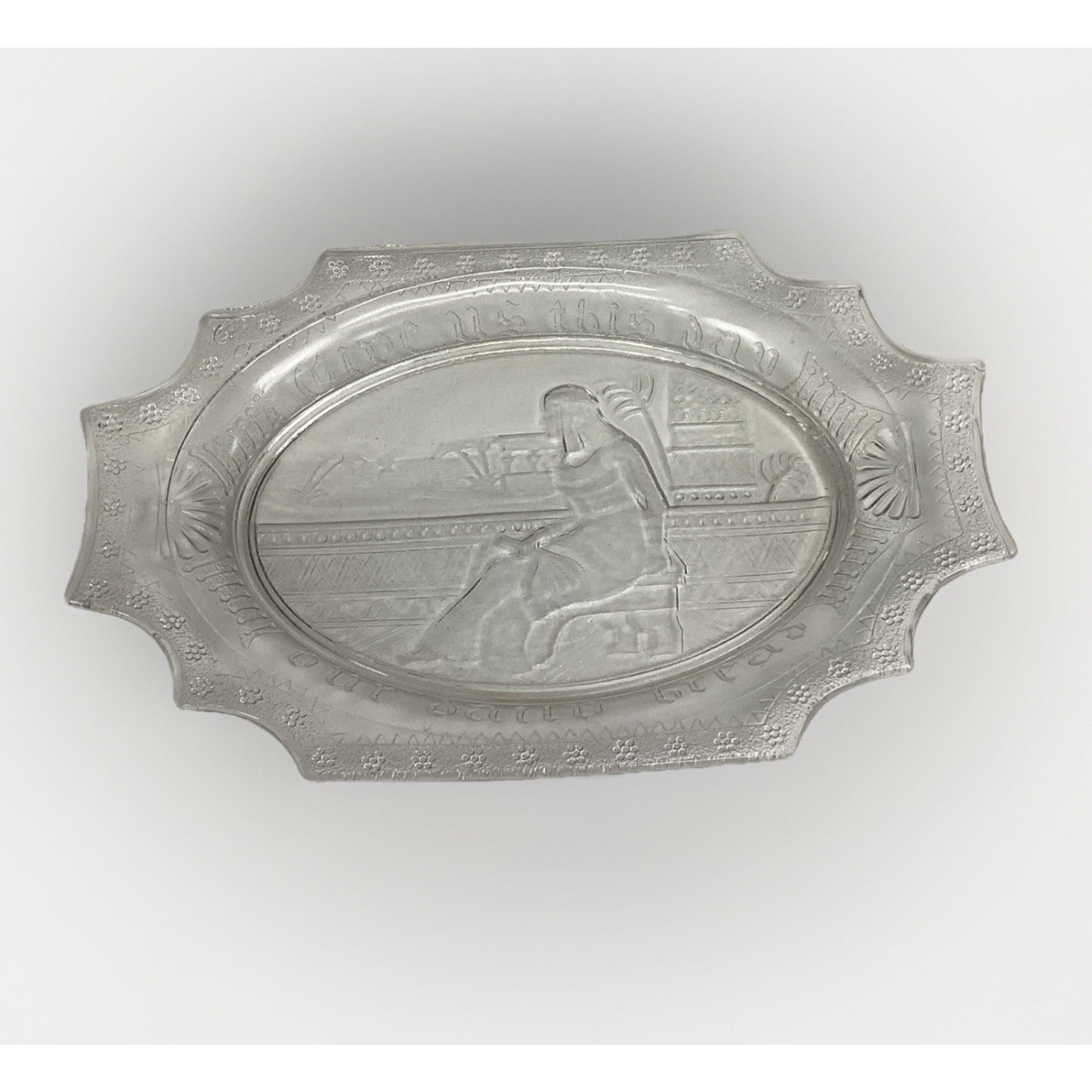 RARE VINTAGE Oval Glass Serving Plate GIVE US THIS DAY Egyptian Wheat Design