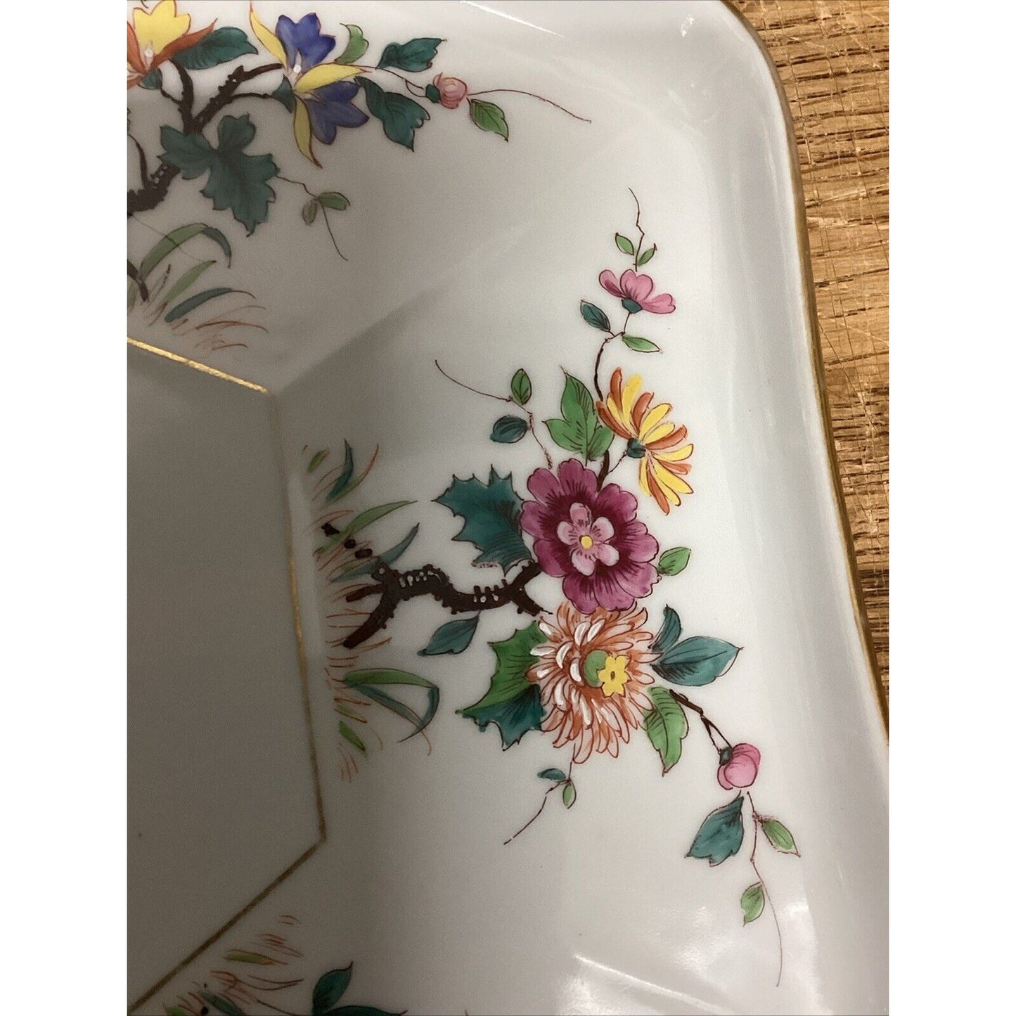 Vintage Porcelain And Ceramic Floral Platter With Birds & Butterflies - 12.5x11”