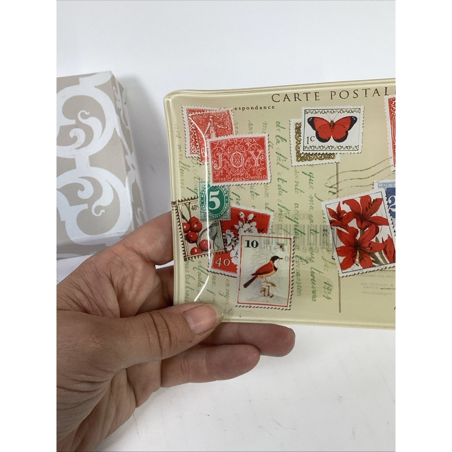 Fringe Studio Postcard Glass Trinket Tray Dish Small 4" x 6" Foreign Stamps