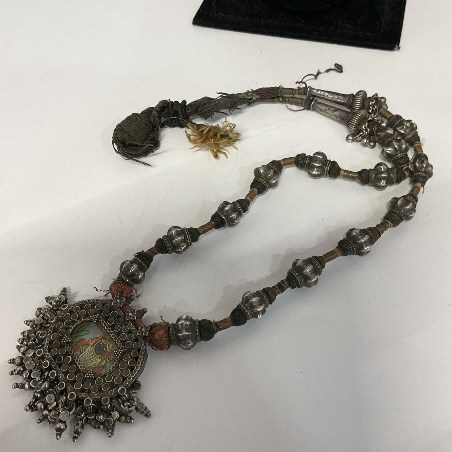 Mid Century Rajasthani Necklace Hand Painted Pendant With Silver Casing