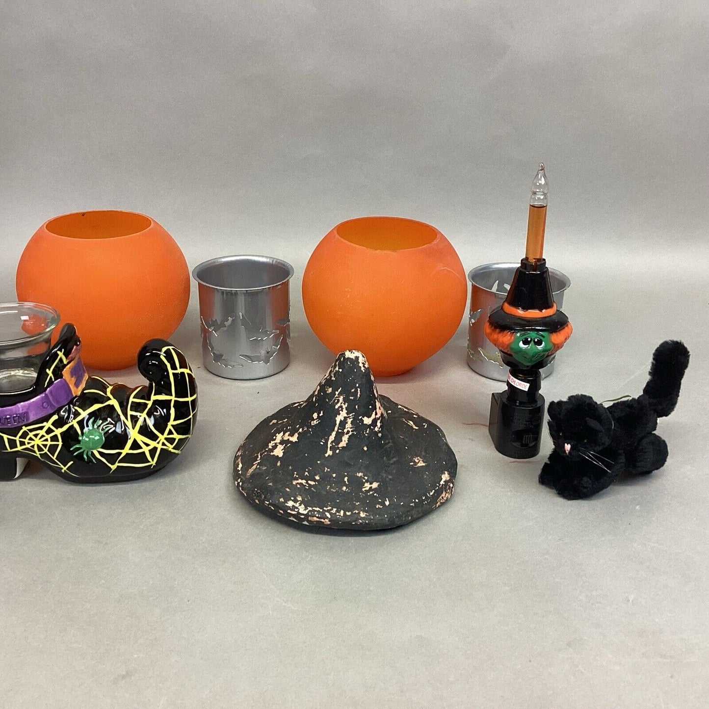 Lot Of 6 - 2 Orange Glass Candle Holders, Shoe Candle Holder, Plush Cat, Witch