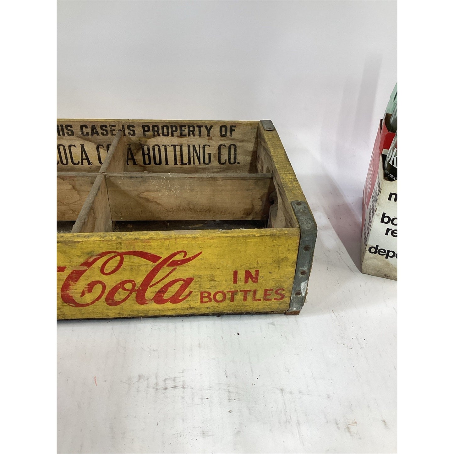 Vintage 1968 Wooden Coca Cola Yellow Wood Crate W/ 6 Bottles In Holder - SC