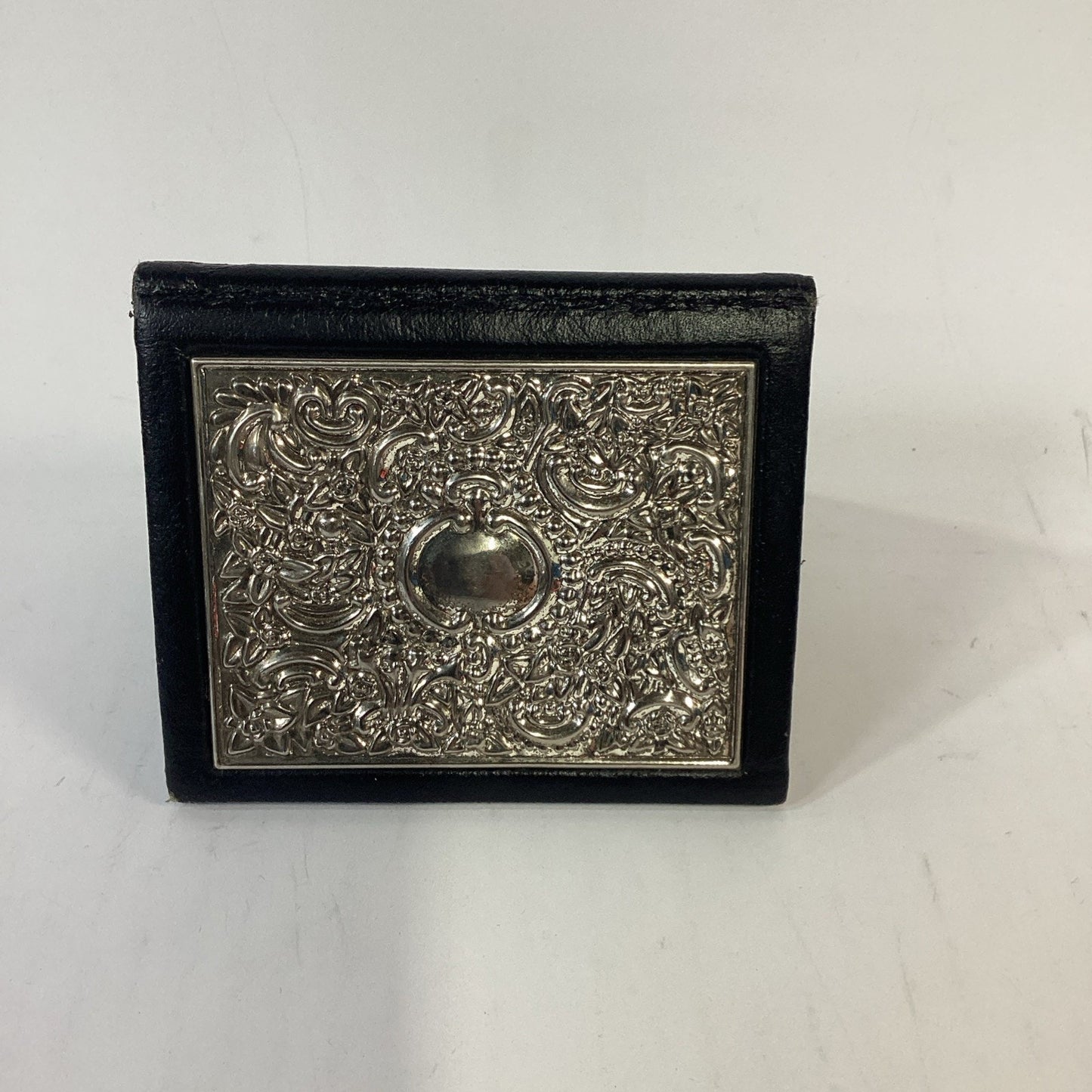 Vintage Black Leather Card Wallet - Intricate Baroque Style Repousse Floral Work