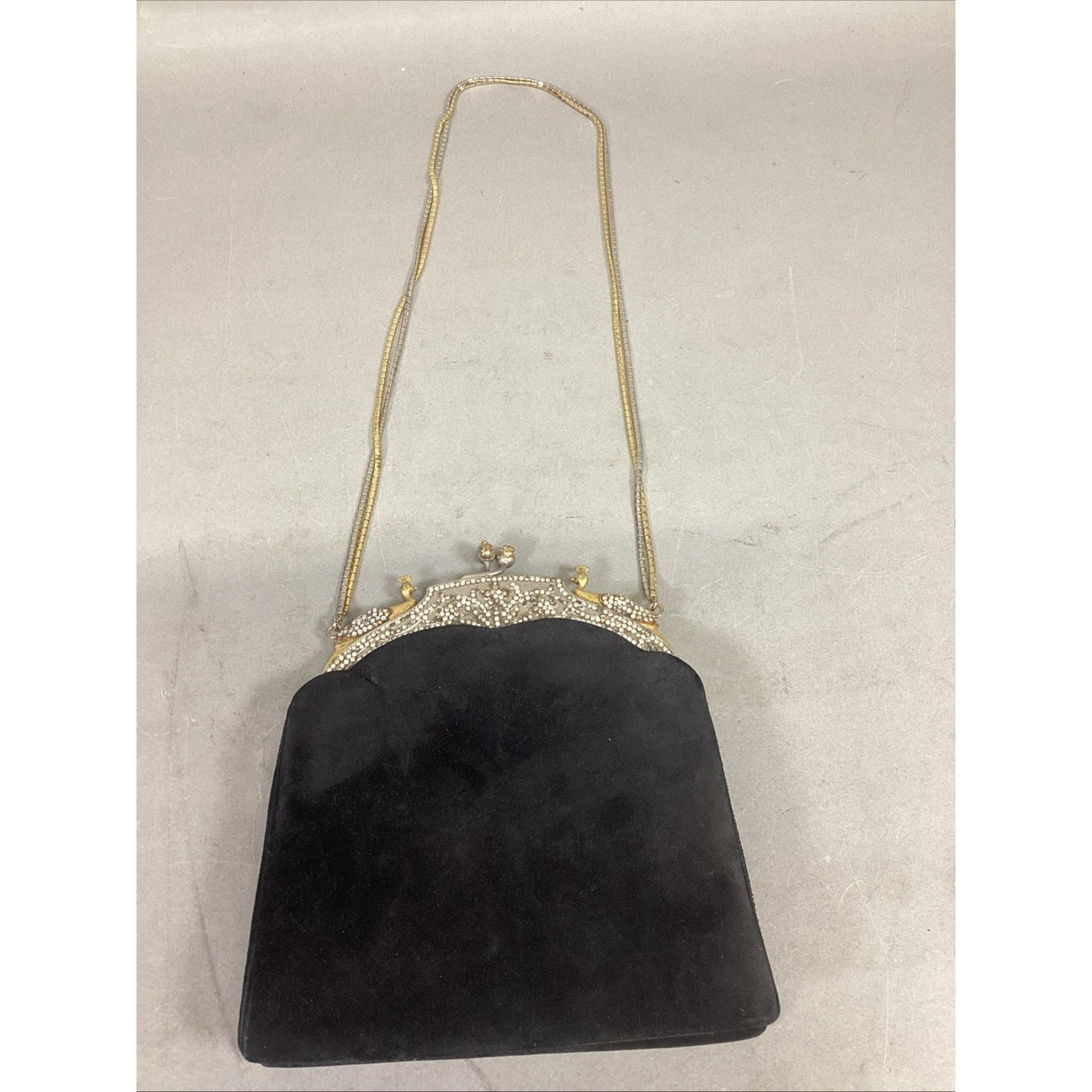 Vintage Rare Judith Lieberman Suede Purse W/ Mirror & Gold & Silver Handle Strap