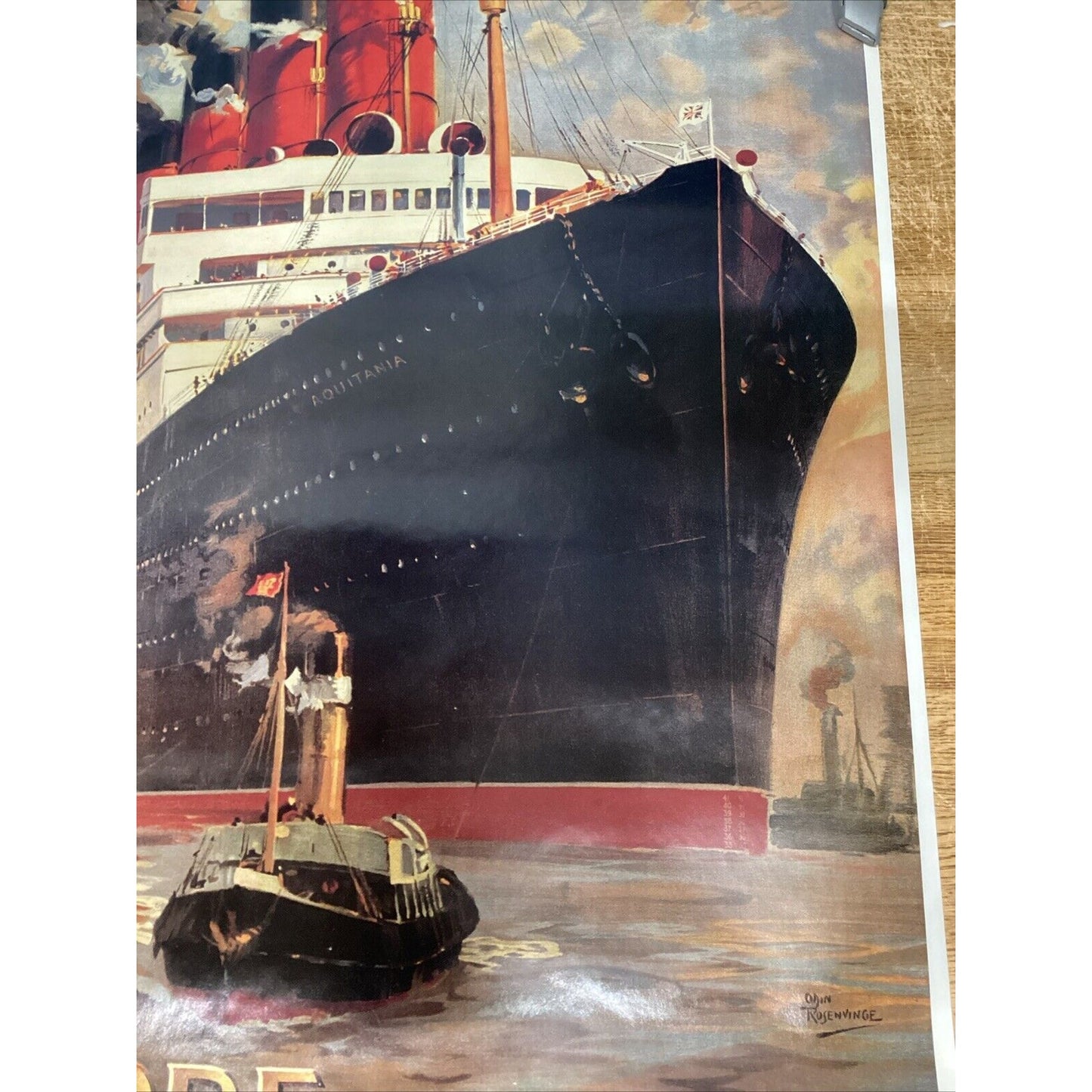 Vintage 1983 Cunard Aquitania Europe America Litho Print - 38”x23.5