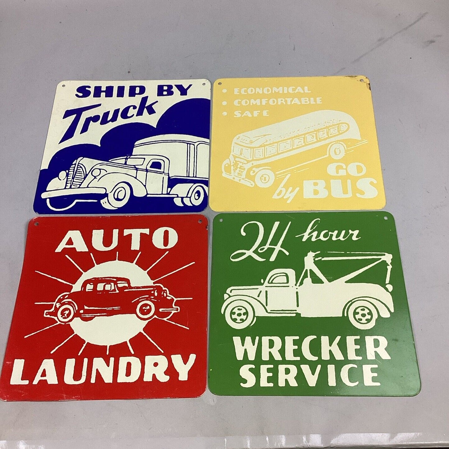 Vintage Retro Set Of 4 Metal Tin Auto Signs 12x12”