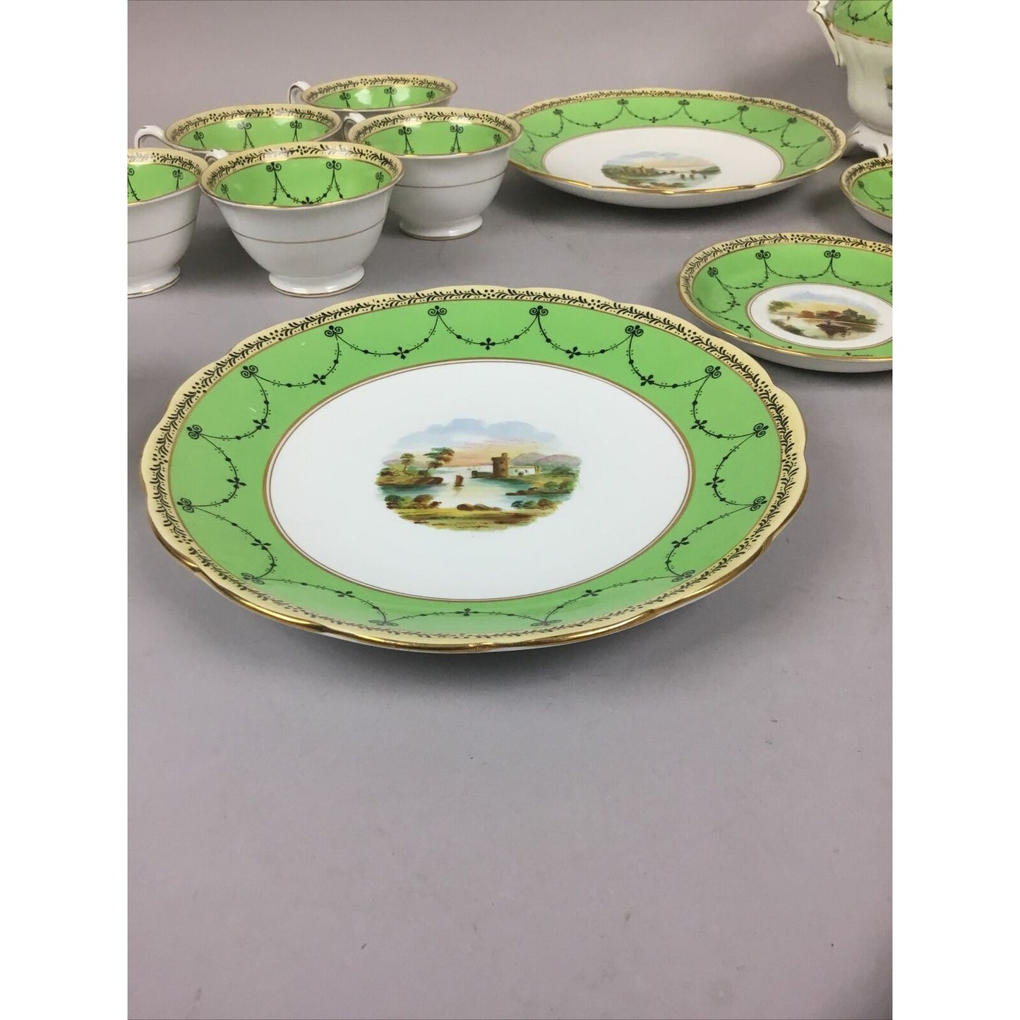 Grosvenor Ye Old Cups, Plates, Saucers green. Jackson and Gosling Co. Set of 15.