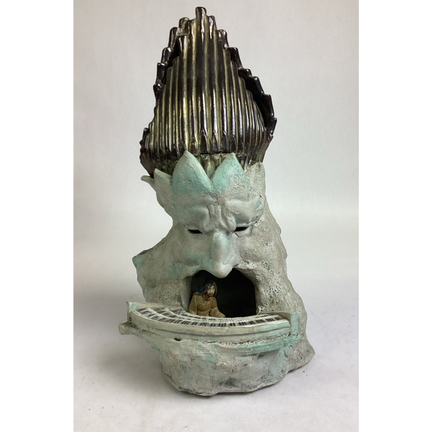 Whimsical Ceramic Sculpture- Surreal Face With Miniature Piano - 13.5”H