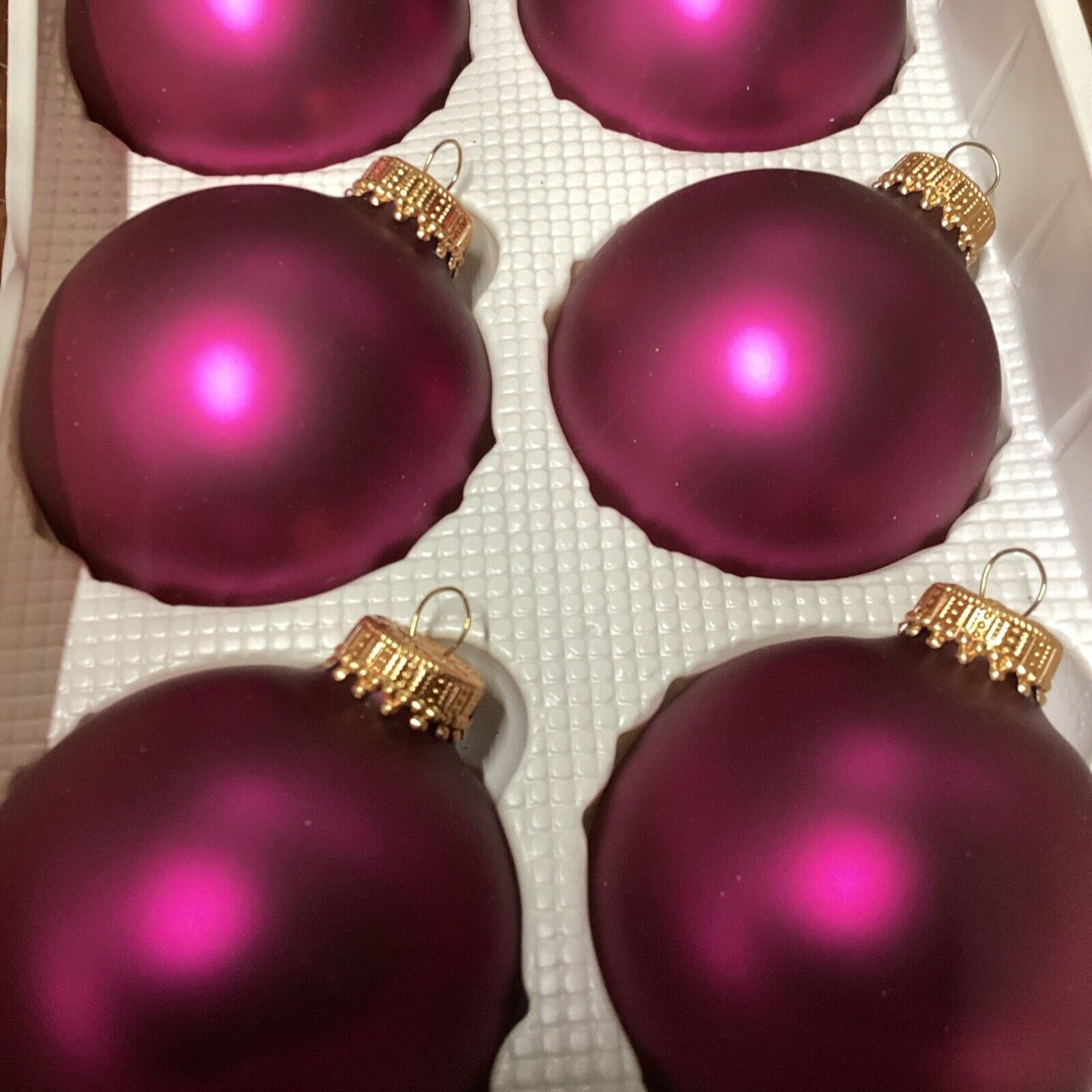 6 KREBS Christmas Glass BALL Ornaments SATIN Burgundy Red/Purple Wine 2.6" W/Box