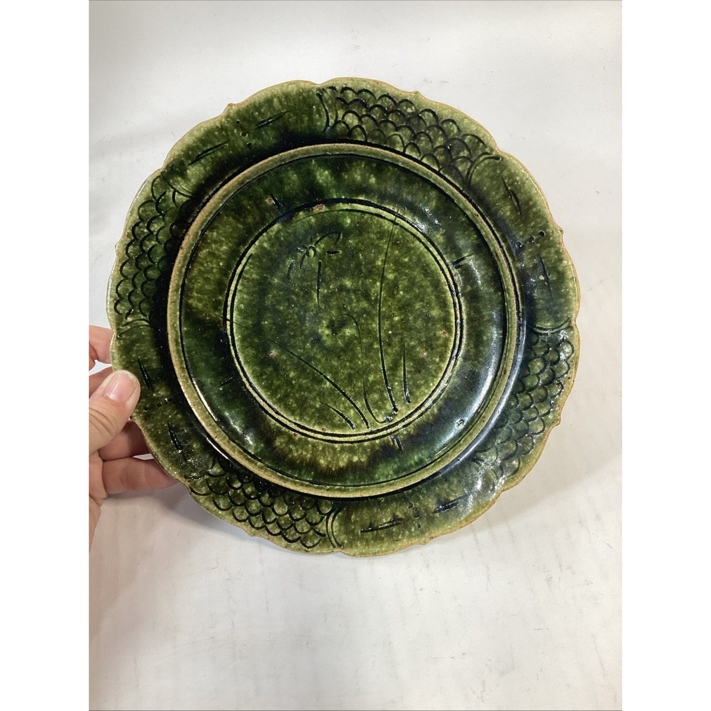 Handmade Hand Painted Dark Green Soup Salad Bowls - 8.25”D