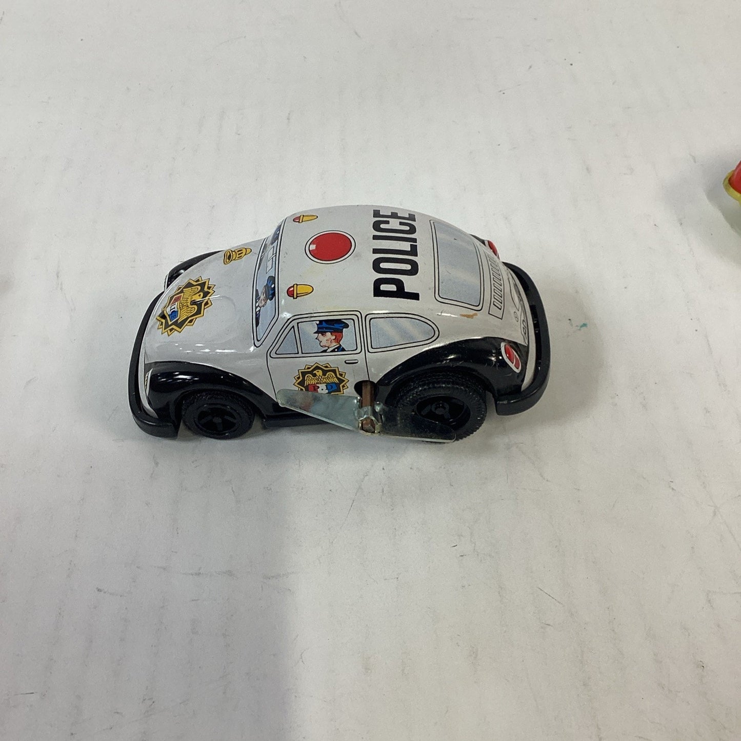 Vtg Japanese Tin Litho Wind Up Cars VW Beetle Police Car & Red VW Challenger