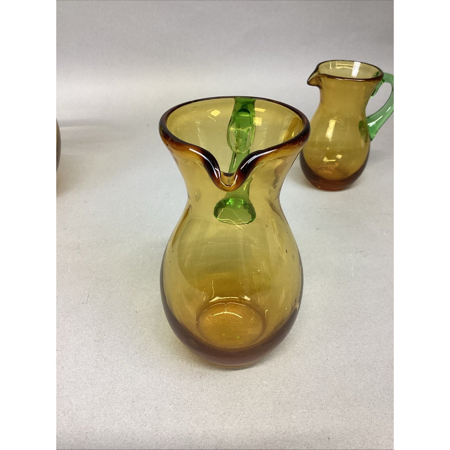Set Of 3 Art Bubble Glass Hand Blown Pitcher W/ Amber Green Attached Handle