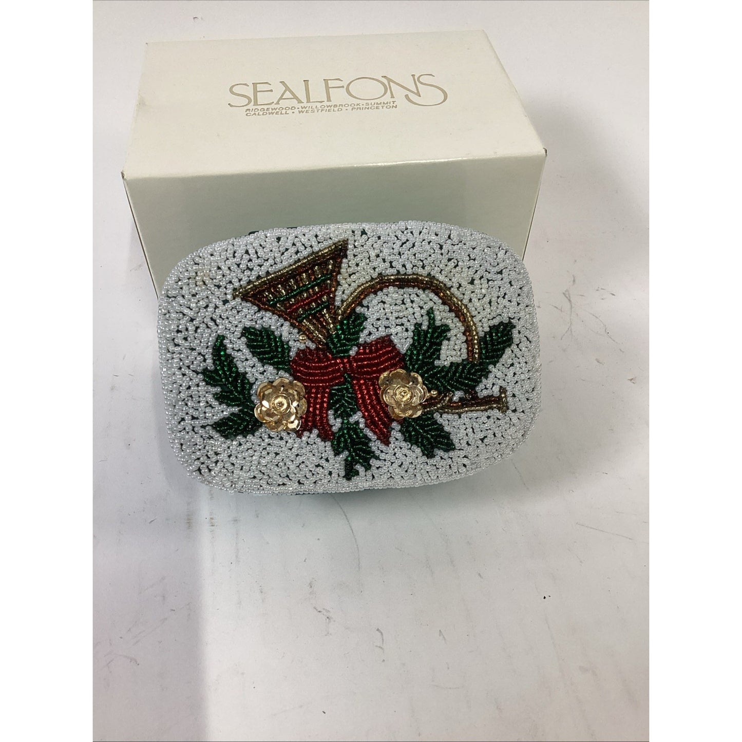Vintage Sealfons Christmas Beaded Trinket Keepsake Box W/ Lid & Original Box