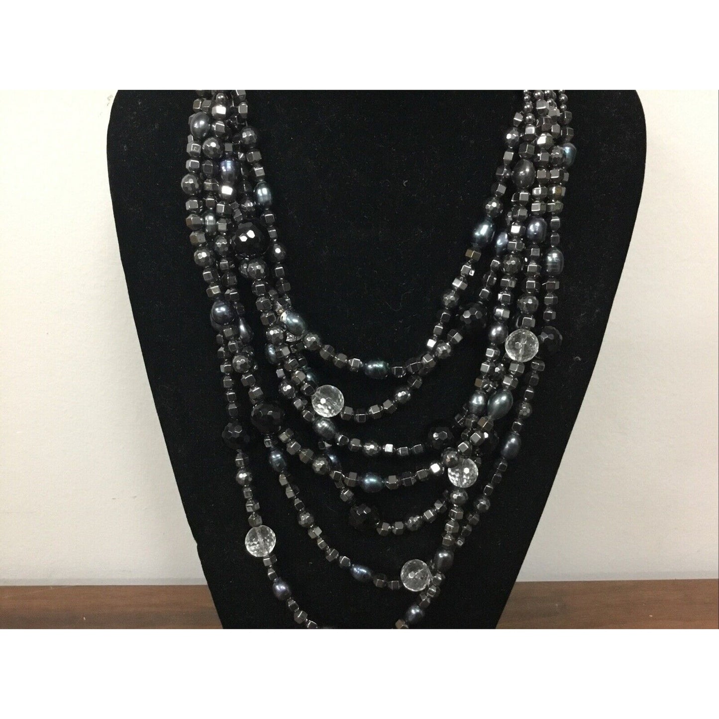 Jewelry Vintage Clear and Jet Rhinestone Necklace 13”