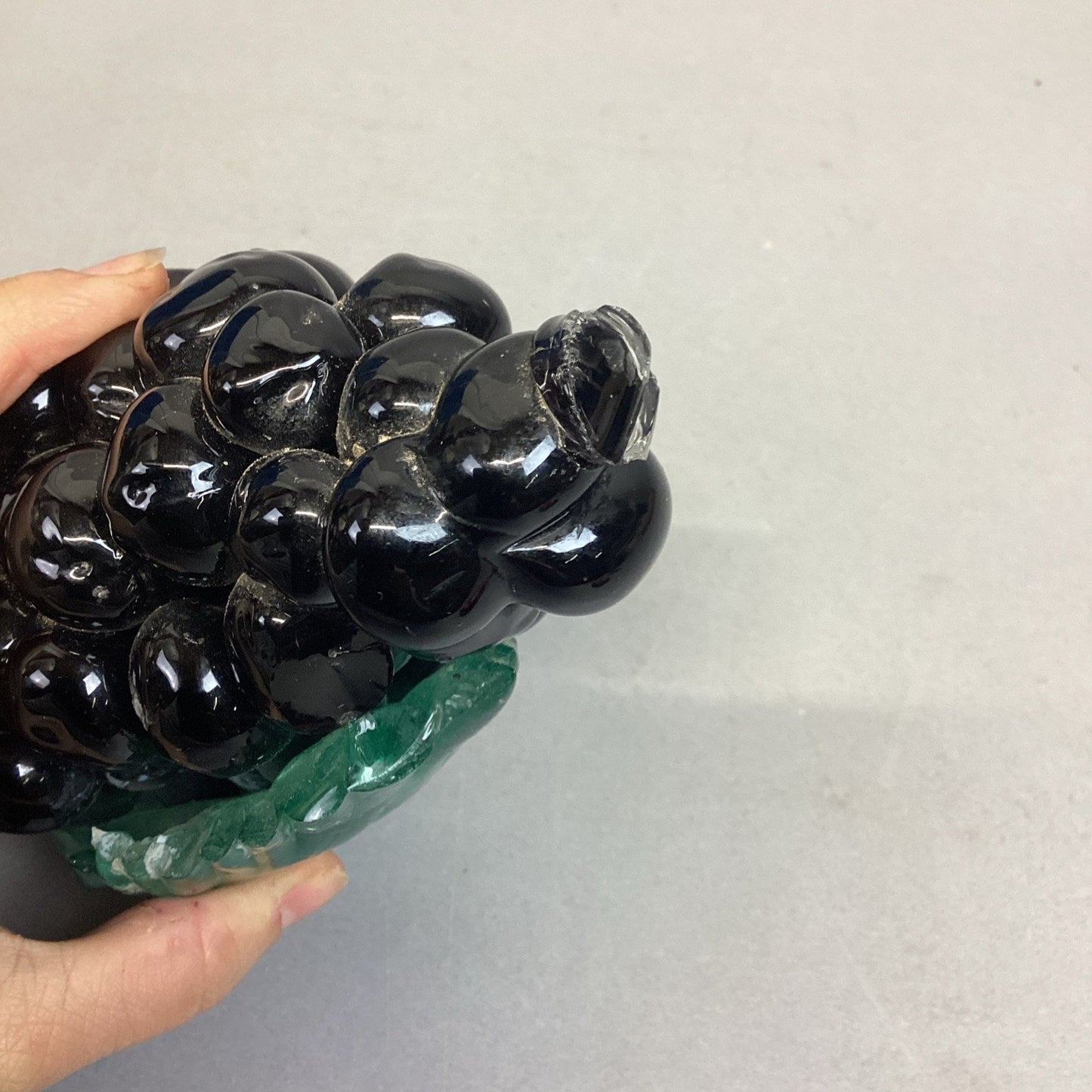 Hand Blown Glass Purple Grapes & Emerald Green Stem & Leaf Paper Weight - 7.25”L